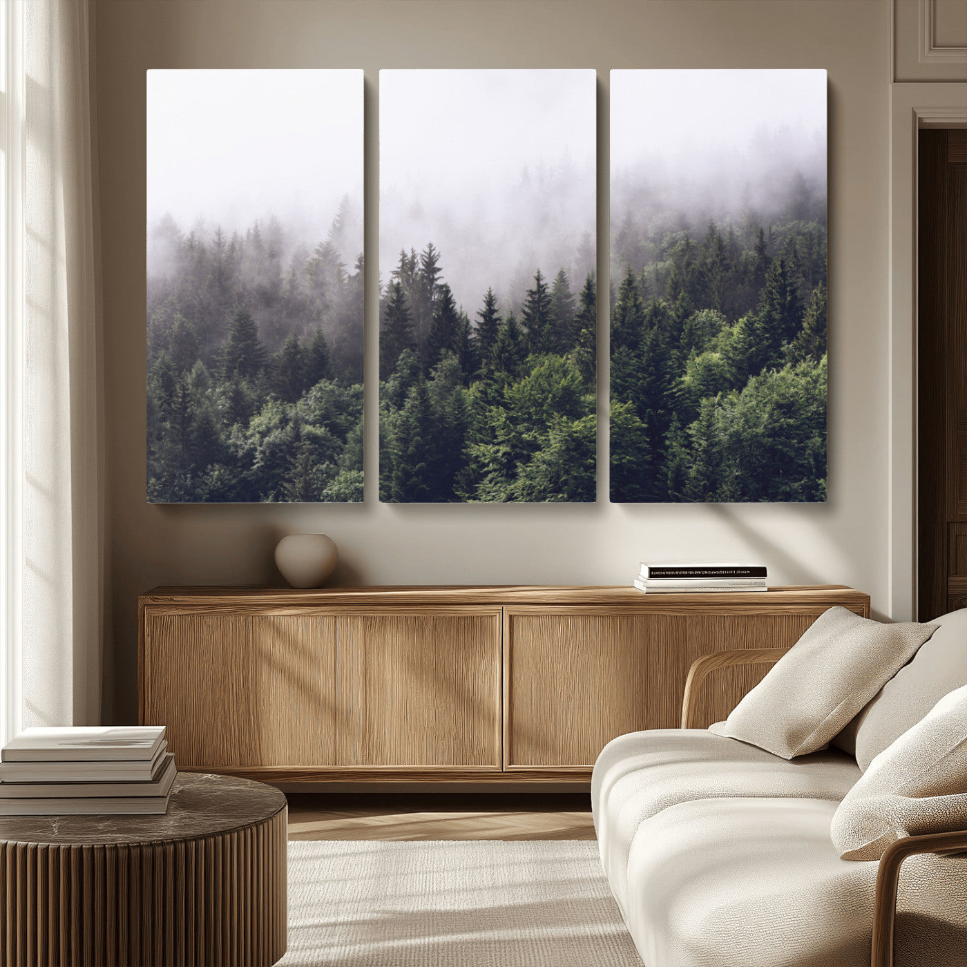 MGV-CV-48X32-3P - Misty Forest Wall Art | Foggy Forest Canvas Print | Large Nature-Inspired Misty Tree Landscape for