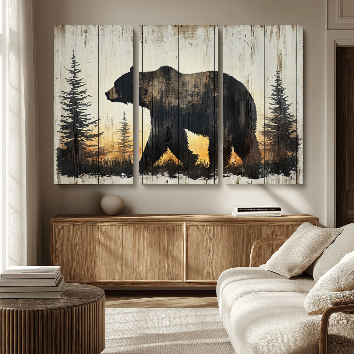 83875-MGV-CV-36X24-Vintage Bear Wall Art Canvas Print for Farmhouse - Mountain Wood Canvas Wall Art - Forest Silhouette
