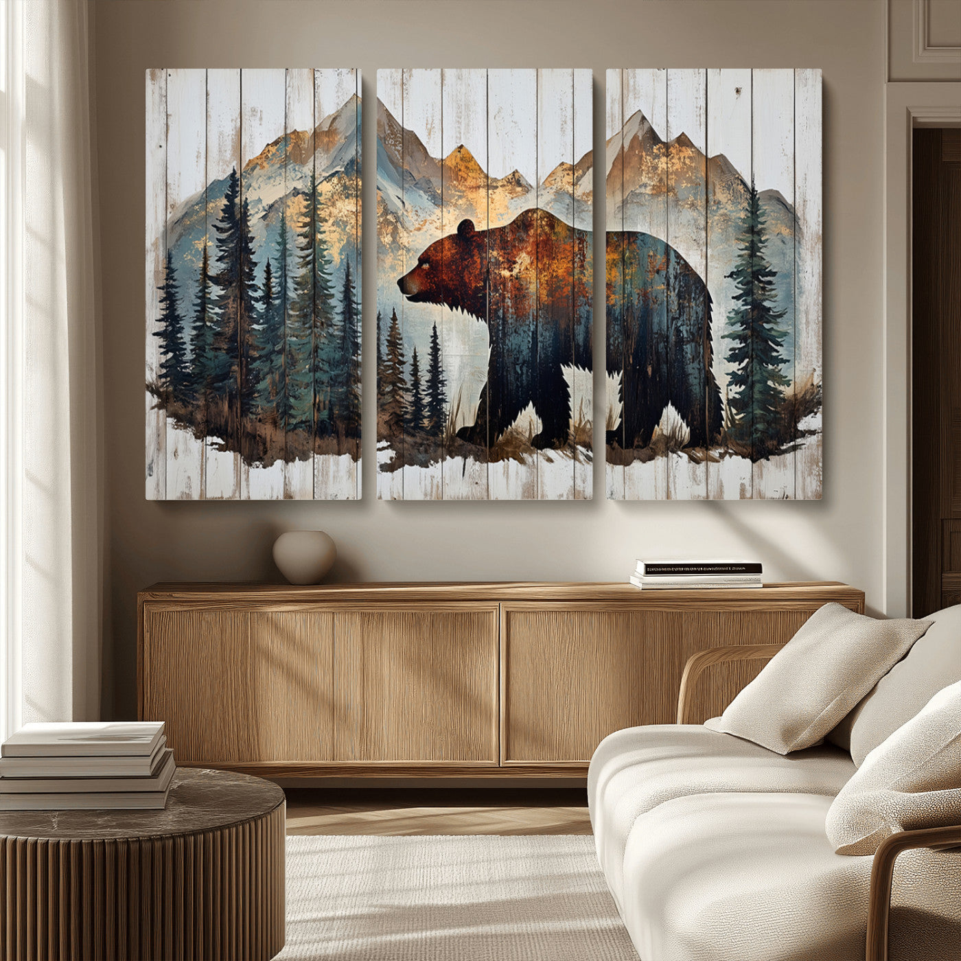 55777-MGV-CV-36X24-Rustic Grizzly 399 Bear and Mountain Wood Canvas Wall Art - Framed Nature Artwork with Forest