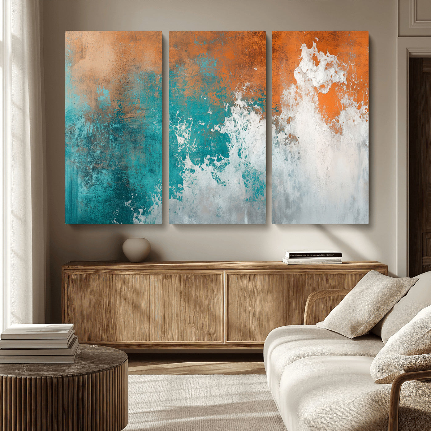 MGV-CV-48X32-3P - Vintage Abstract Print - Bold Teal and Orange Canvas Wall Art - Retro-Vintage Abstract Orange Canvas