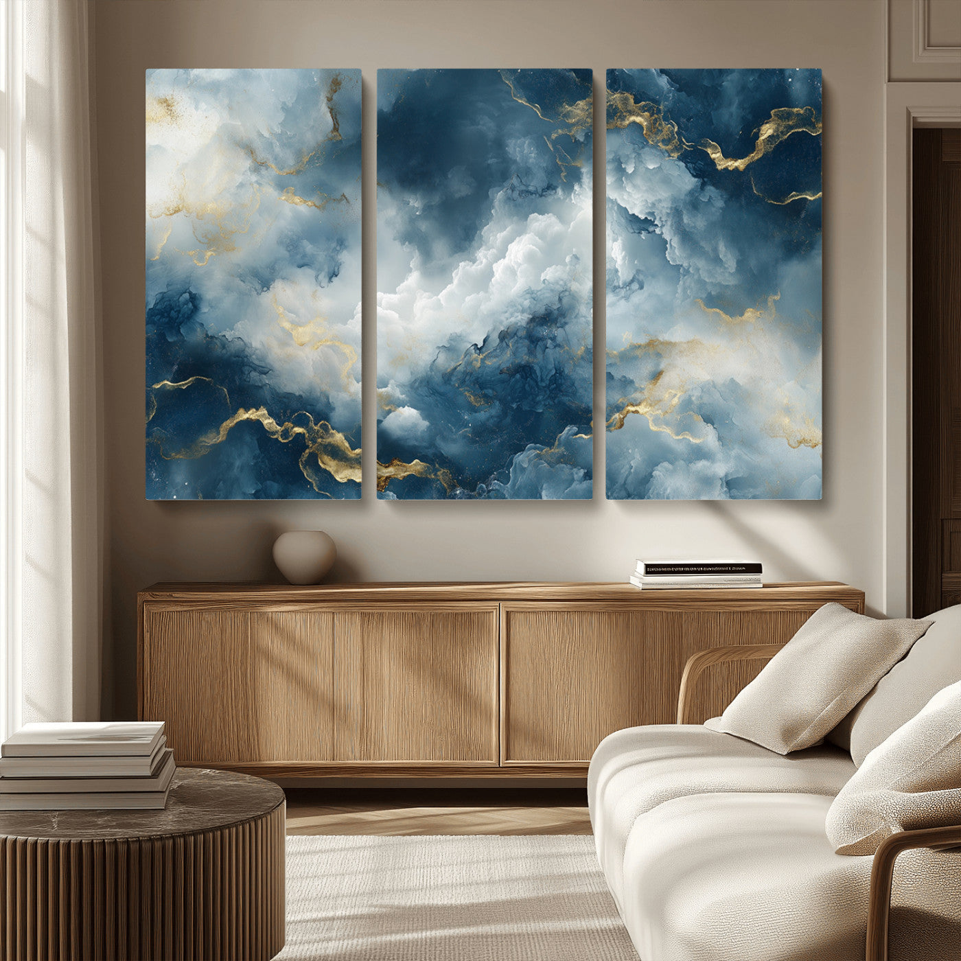 MGV-CV-48X32-3P - Large Abstract Print - Luxe Blue and Gold Abstract Canvas Wall Art - Bold Cloudscape Canvas for