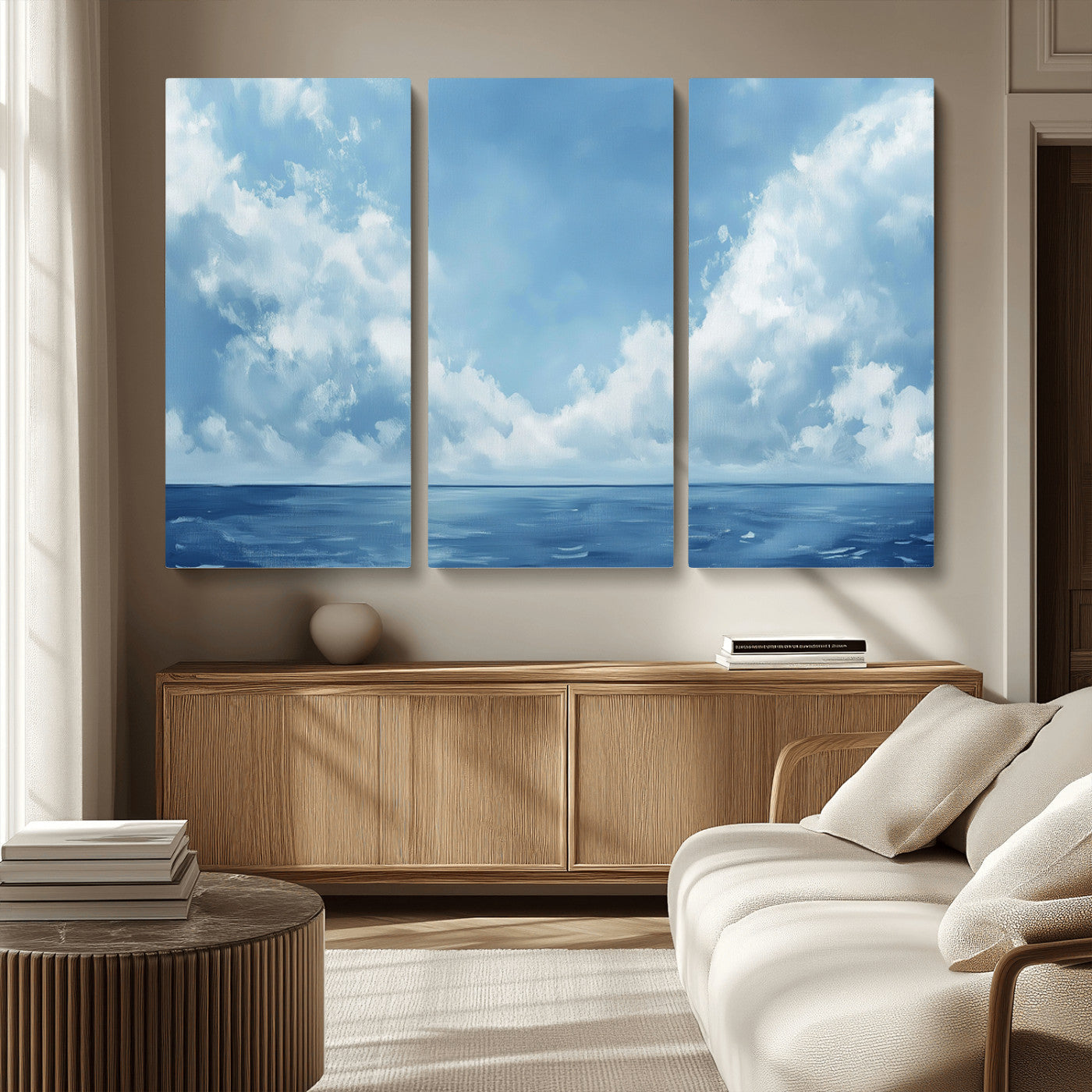 MGV-CV-48X32-3P - Abstract Ocean Print Artwork- Serene Blue Ocean Canvas Wall Art - Minimalist Ocean and Sky Canvas