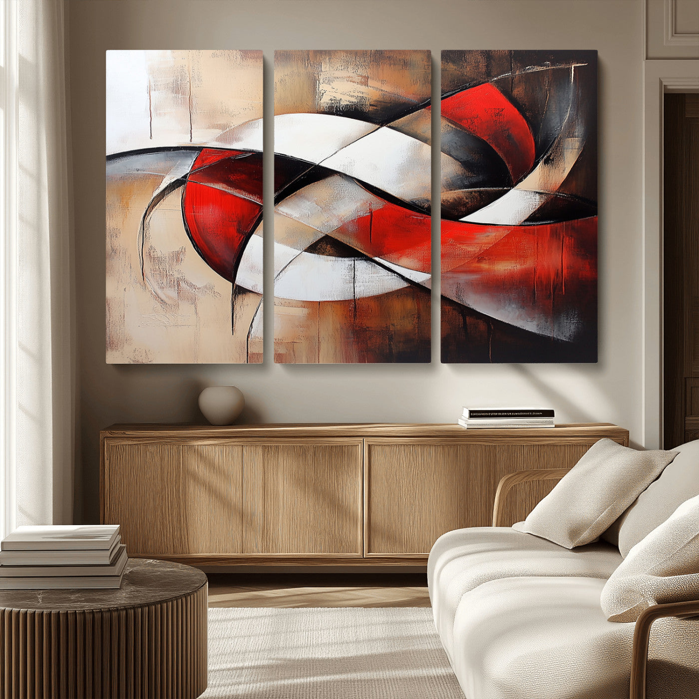 MGV-CV-48X32-3P - Abstract Wall Art - Modern Red and White Canvas Wall Art Print - Bold Geometric Abstract Canvas for
