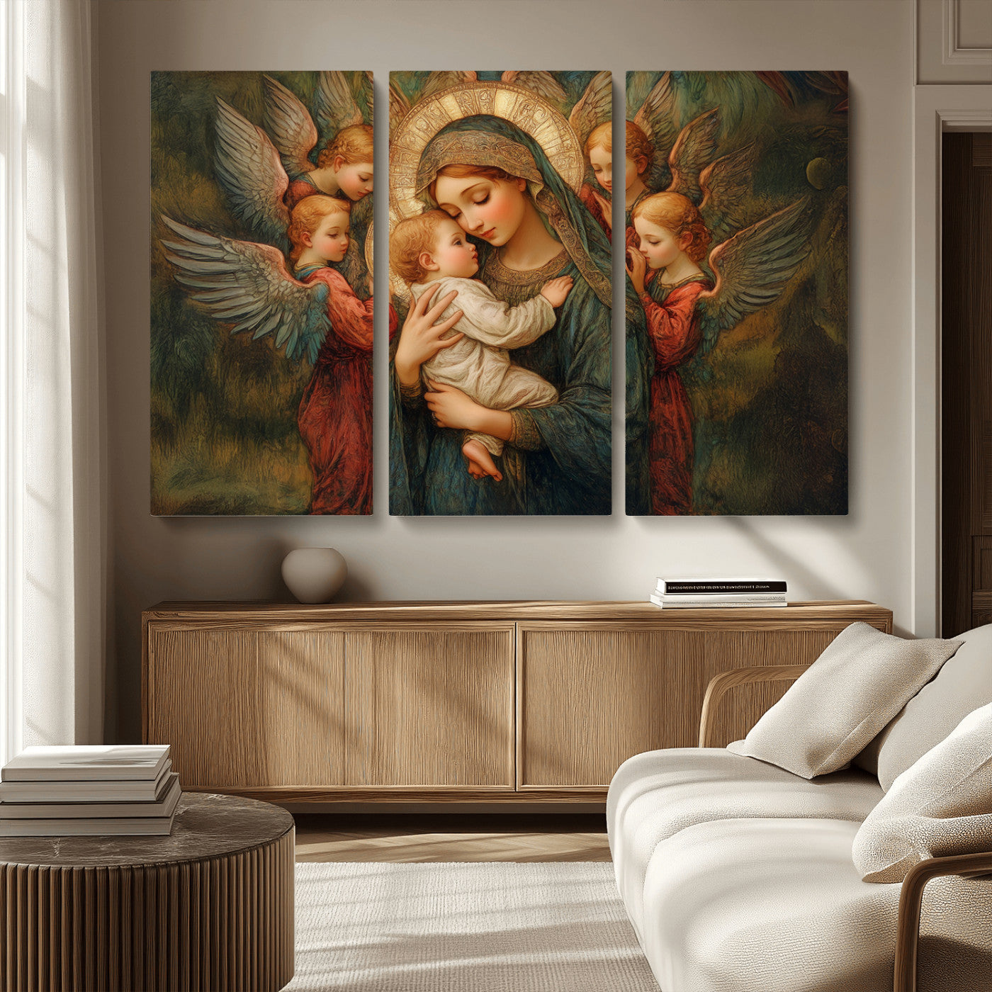 MGV-CV-48X32-3P - Mary Jesus Canvas Wall Art Print - Madonna and Child with Angels Art Print - Classic Christian