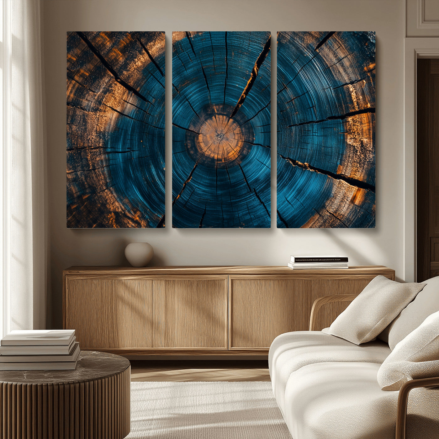 MGV-CV-48X32-3P - Abstract Tree Rings Wall Art Canvas Print - Wood Grain Rings Artwork Print - Nature Woodland Modern