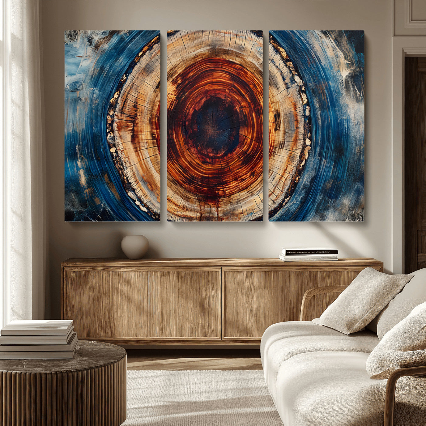 MGV-CV-48X32-3P - Abstract Framed Tree Rings Wall Decor, Wood Grain Rings Artwork Print, Nature Woodland Modern Wall