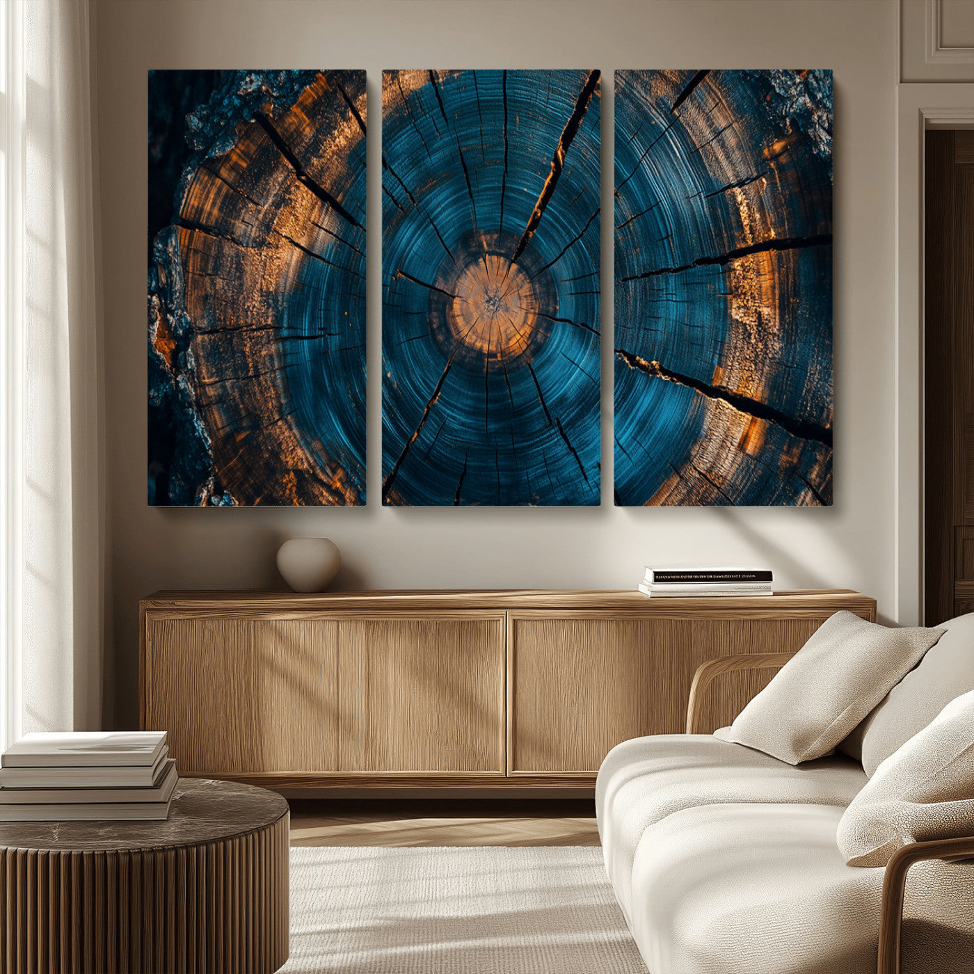 MGV-CV-48X32-3P - Farmhouse Wall Art - Abstract Tree Rings Canvas Wall Art Print, Framed Wood Grain Rings Artwork