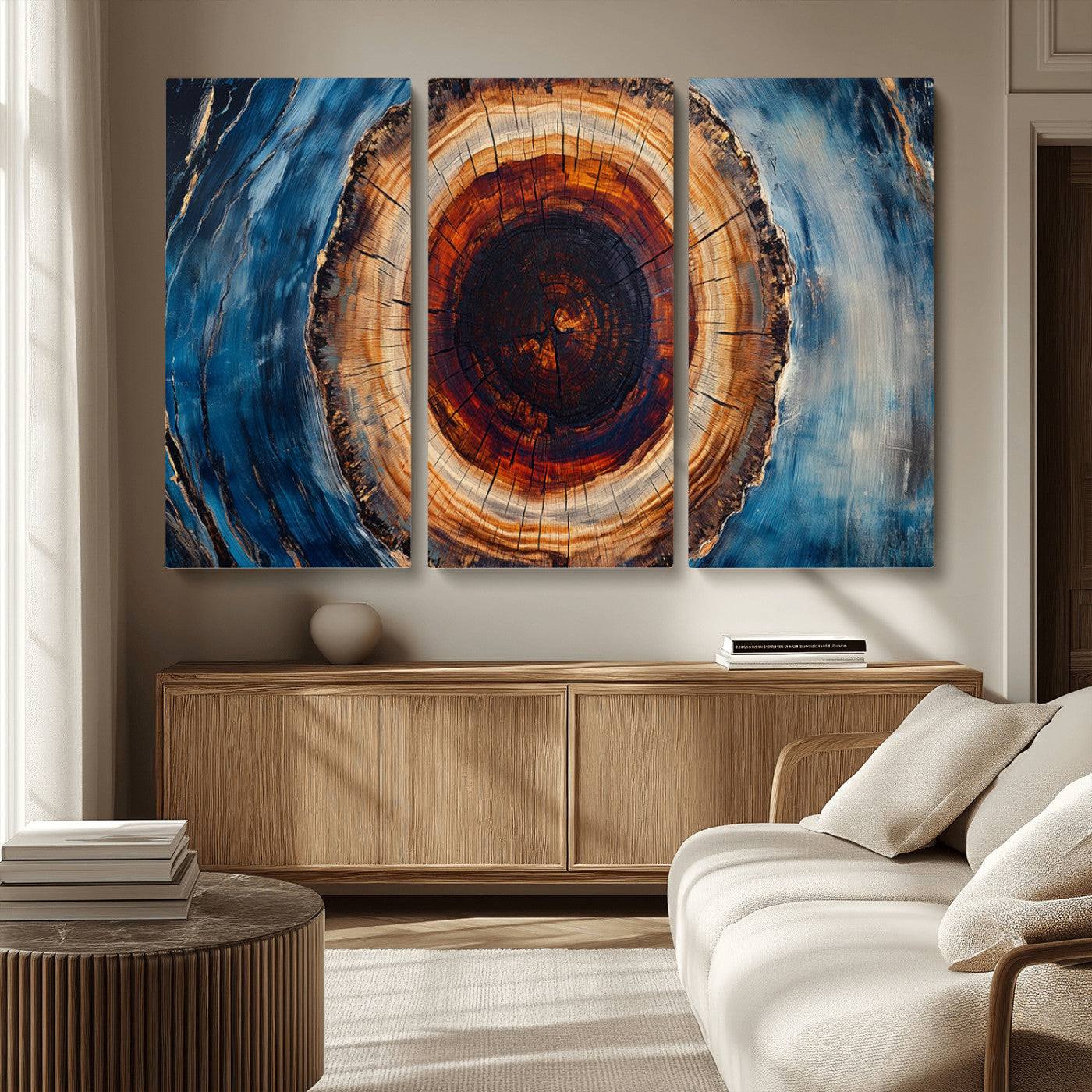 MGV-CV-48X32-3P - Framed Abstract Tree Ring Wall Art Print, Natural Rustic Wood Texture Canvas Print, Wood Tree Stump