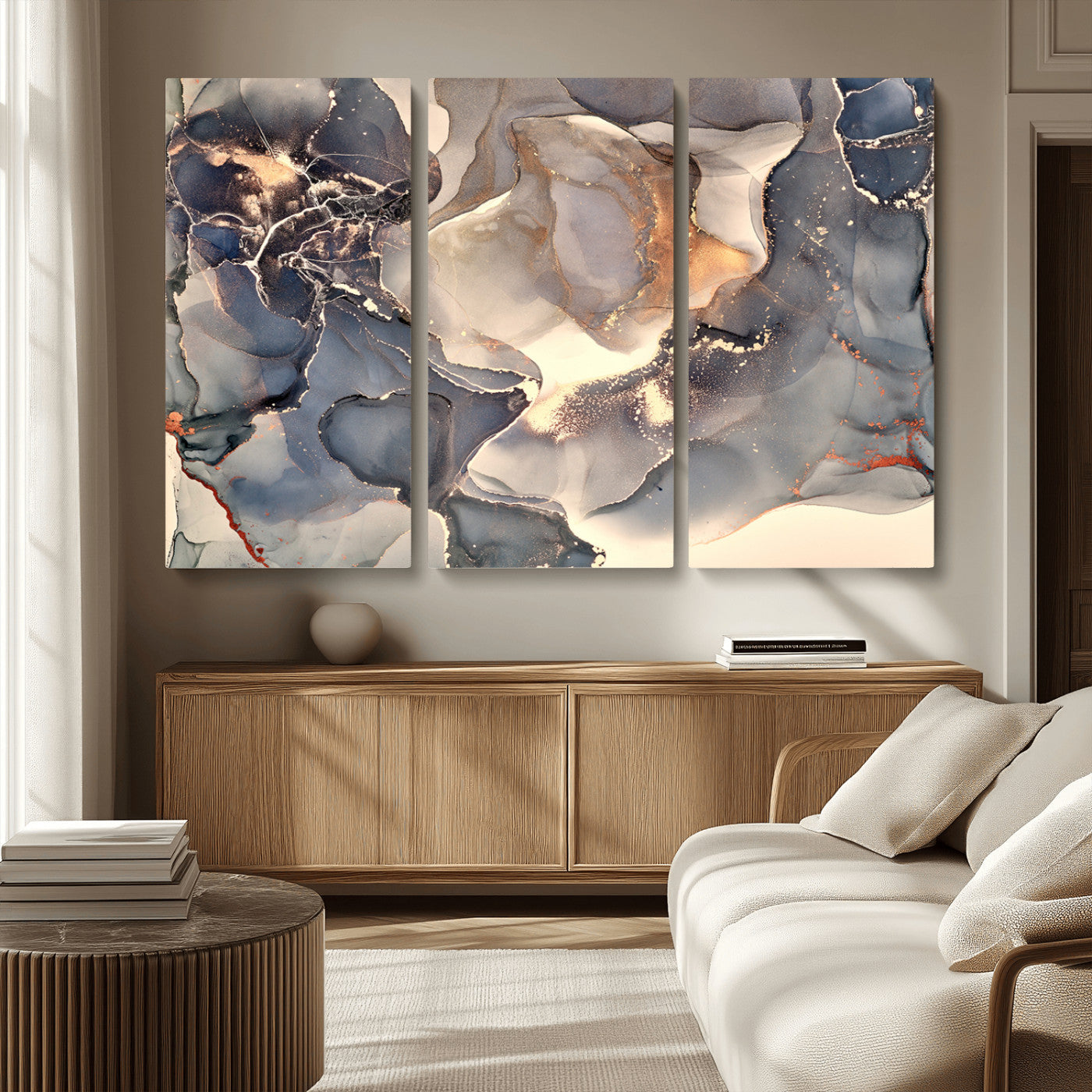 MGV-CV-48X32-3P - Abstract Blue and Gold Wall Art - Fluid Ink Artwork - Modern Luxury Wall Decor for Contemporary