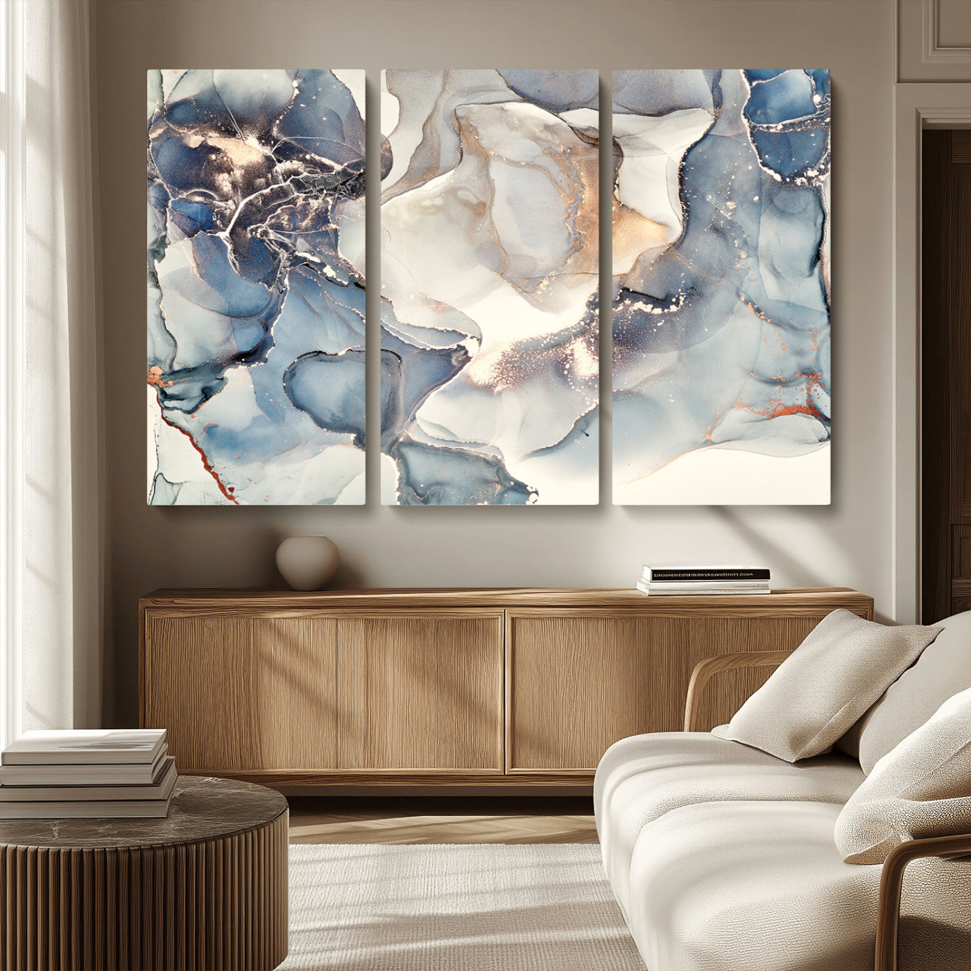 MGV-CV-48X32-3P - Abstract Blue and Gold Canvas Wall Art - Fluid Modern Ink Artwork - Modern Luxury Wall Decor for