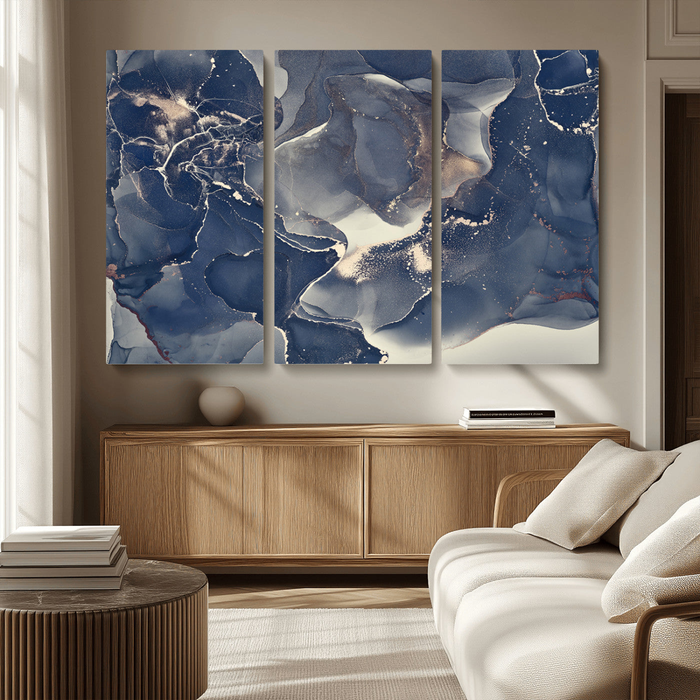 MGV-CV-48X32-3P - Large Abstract Blue and Gold Canvas Wall Art | Fluid Ink Artwork Print | Luxury Wall Decor for