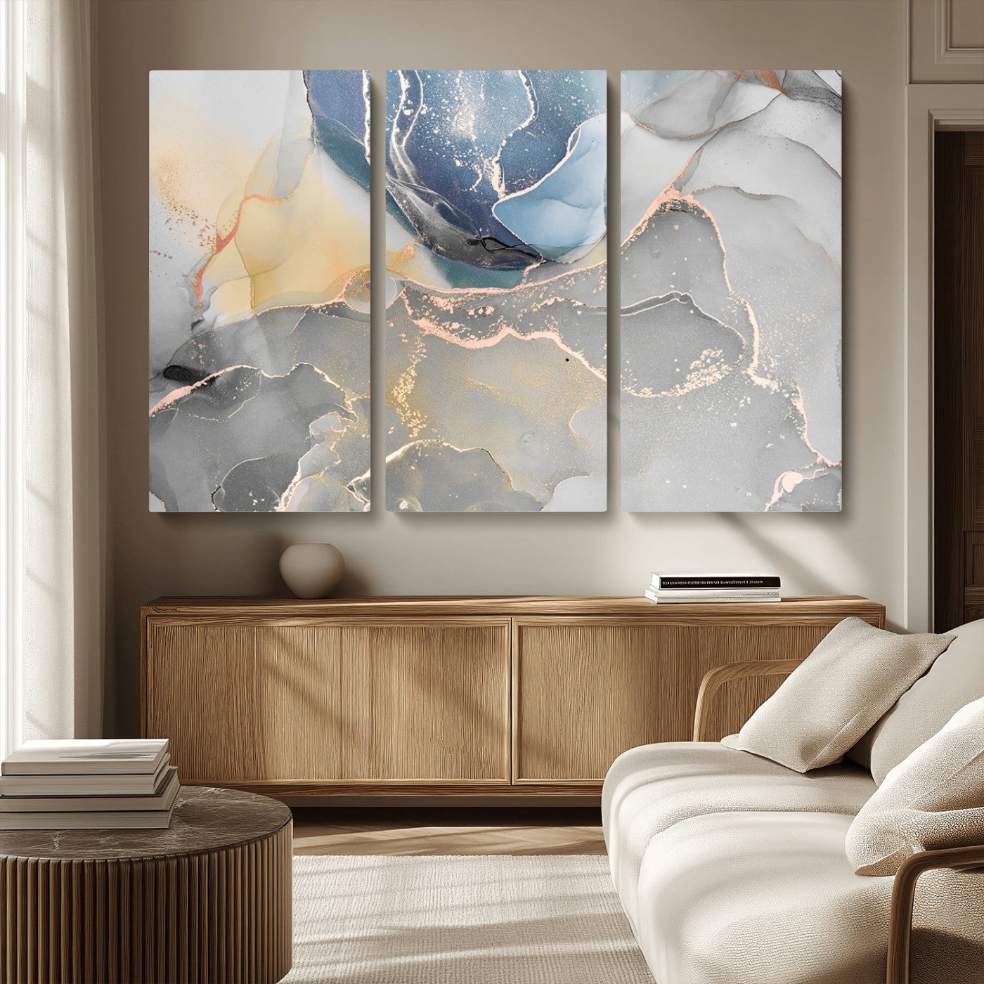 MGV-CV-48X32-3P - Large Abstract Blue and Gold Canvas Wall Art | Fluid Ink Artwork Print | Luxury Wall Decor for