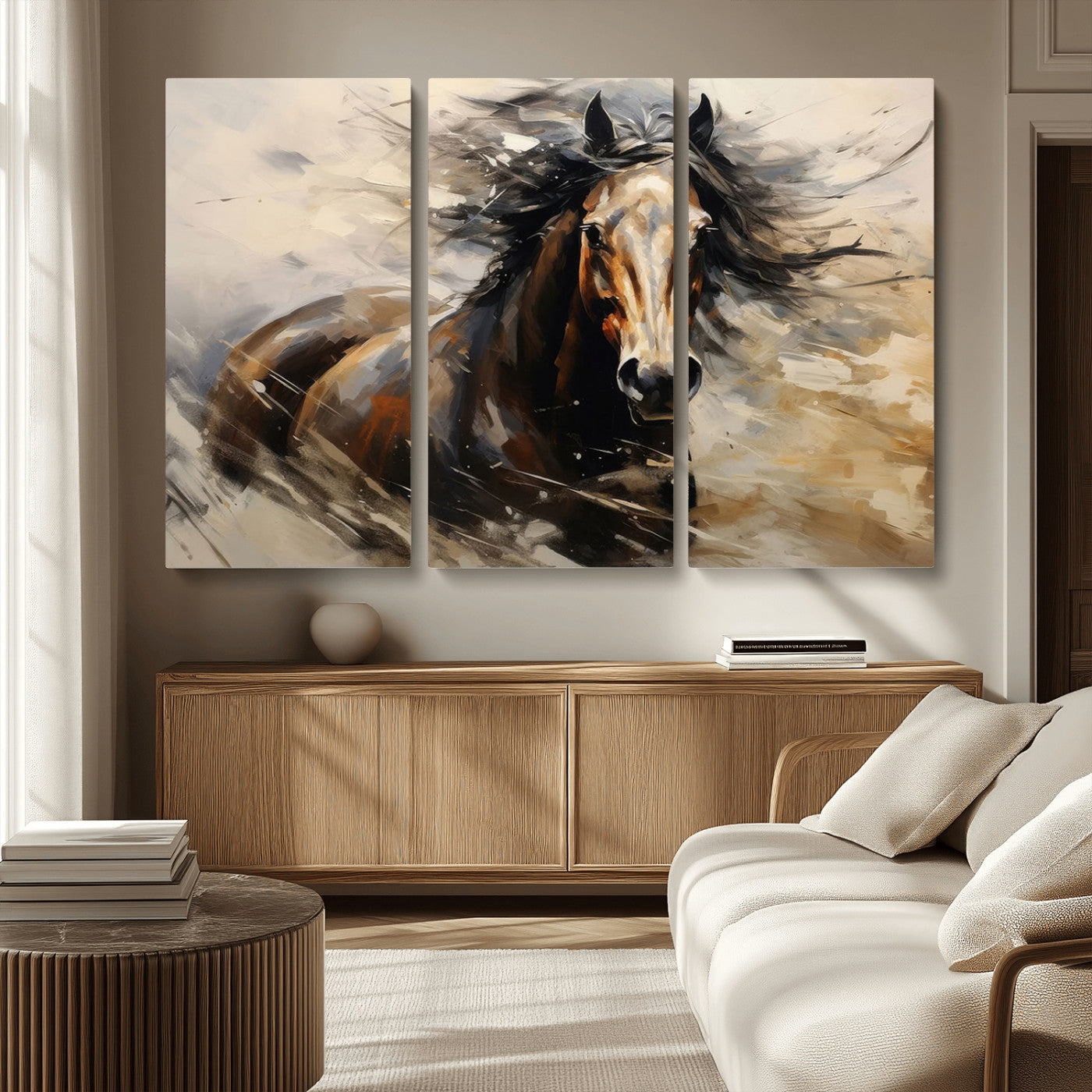 MGV-CV-48X32-3P - Abstract Wall Art Horse Print - Large Western Horse Canvas - Farmhouse Woodland Wall Art - Framed