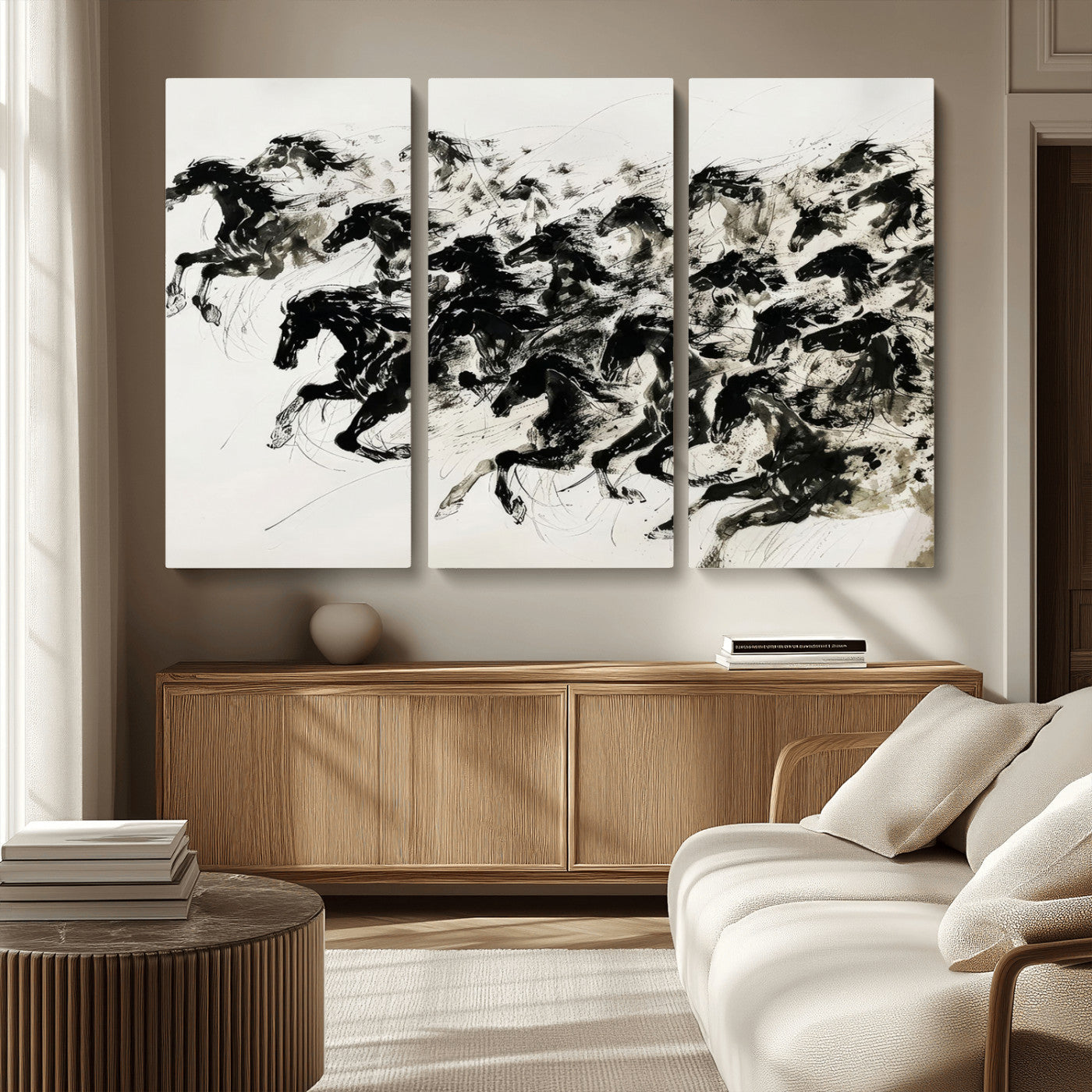 MGV-CV-48X32-3P - Abstract Horse Wall Art Canvas Print - Dynamic Black Ink Horse Print - Modern Equine Wall Decor for