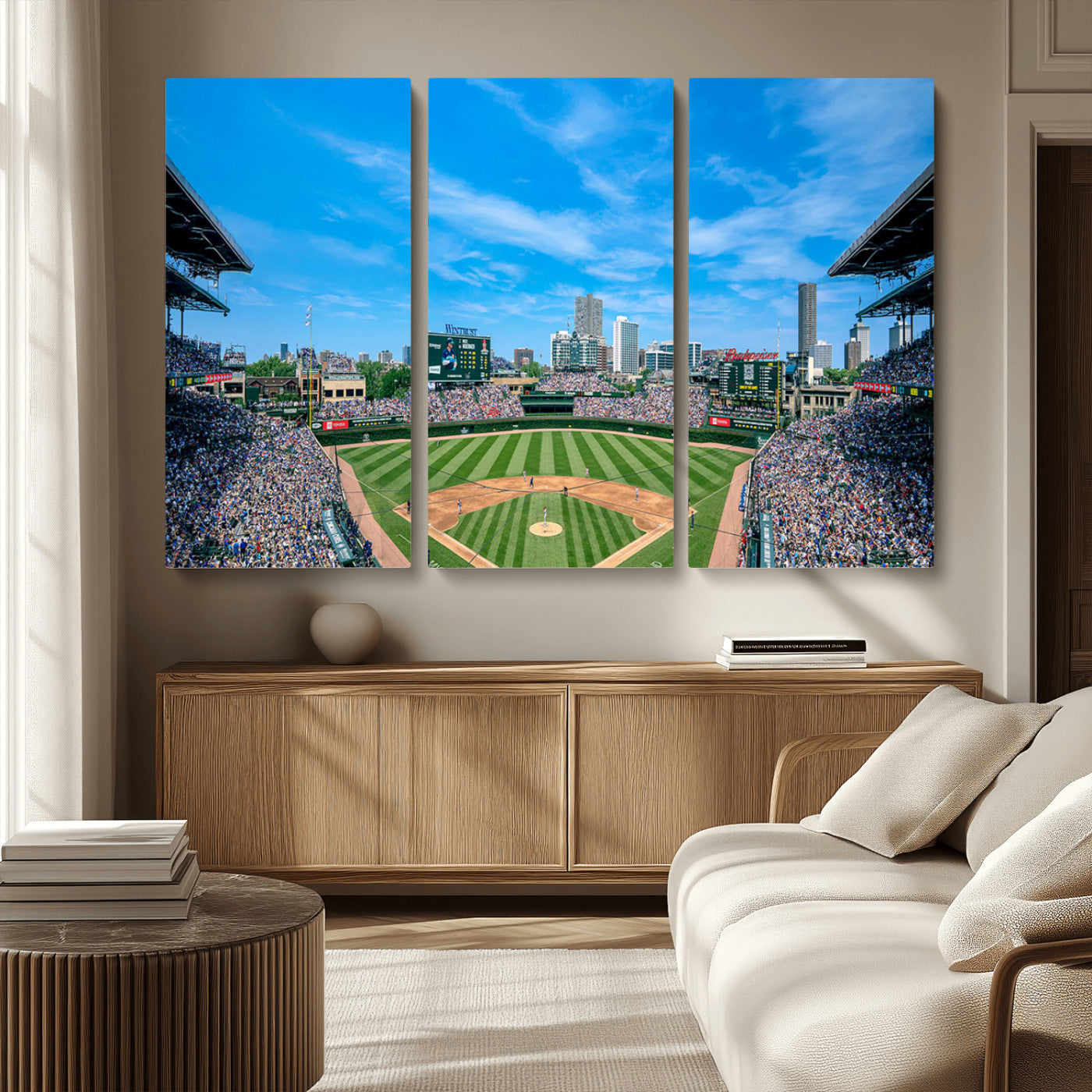 MGV-CV-48X32-3P - Wrigley Field Chicago Cubs Panoramic Art Multi Piece Canvas - Iconic Baseball Stadium Print for