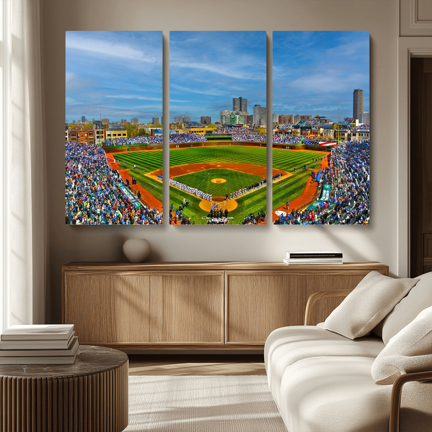 MGV-CV-48X32-3P - Wrigley Field Chicago Cubs Panoramic Multi Piece Canvas Wall Art - Iconic Baseball Stadium Canvas