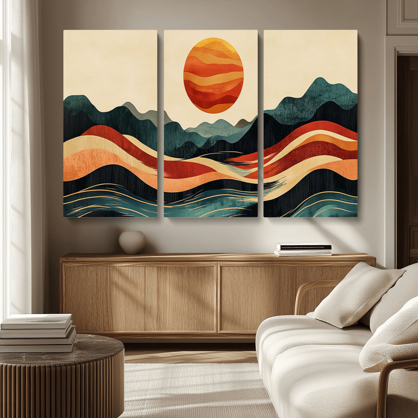 MGV-CV-48X32-3P - Mountain Triptych Wall Art - Western Nature Prints - Framed Boho Pine Tree Canvas for Log Cabin or
