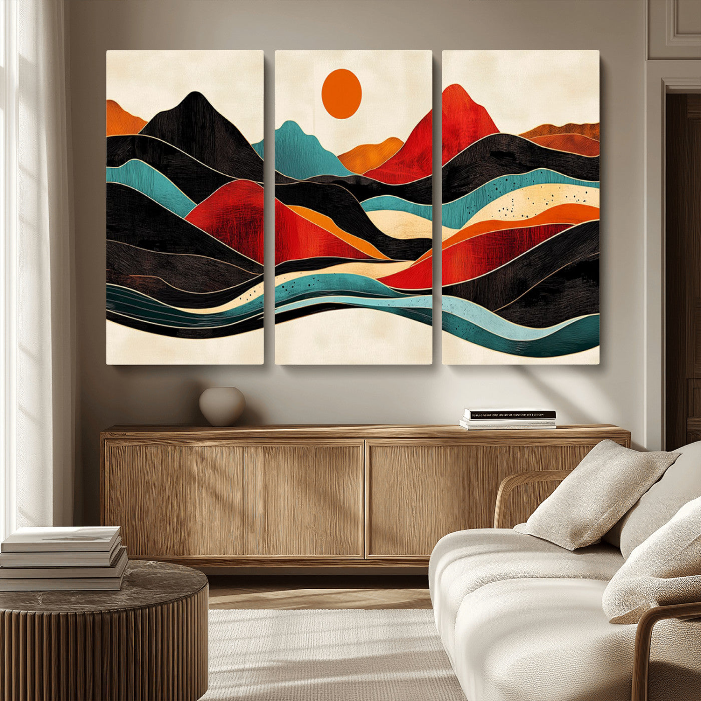 MGV-CV-48X32-3P - Western Wall Decor - Large Triptych Mountain Canvas - Boho Woodland Wall Art Print - Framed