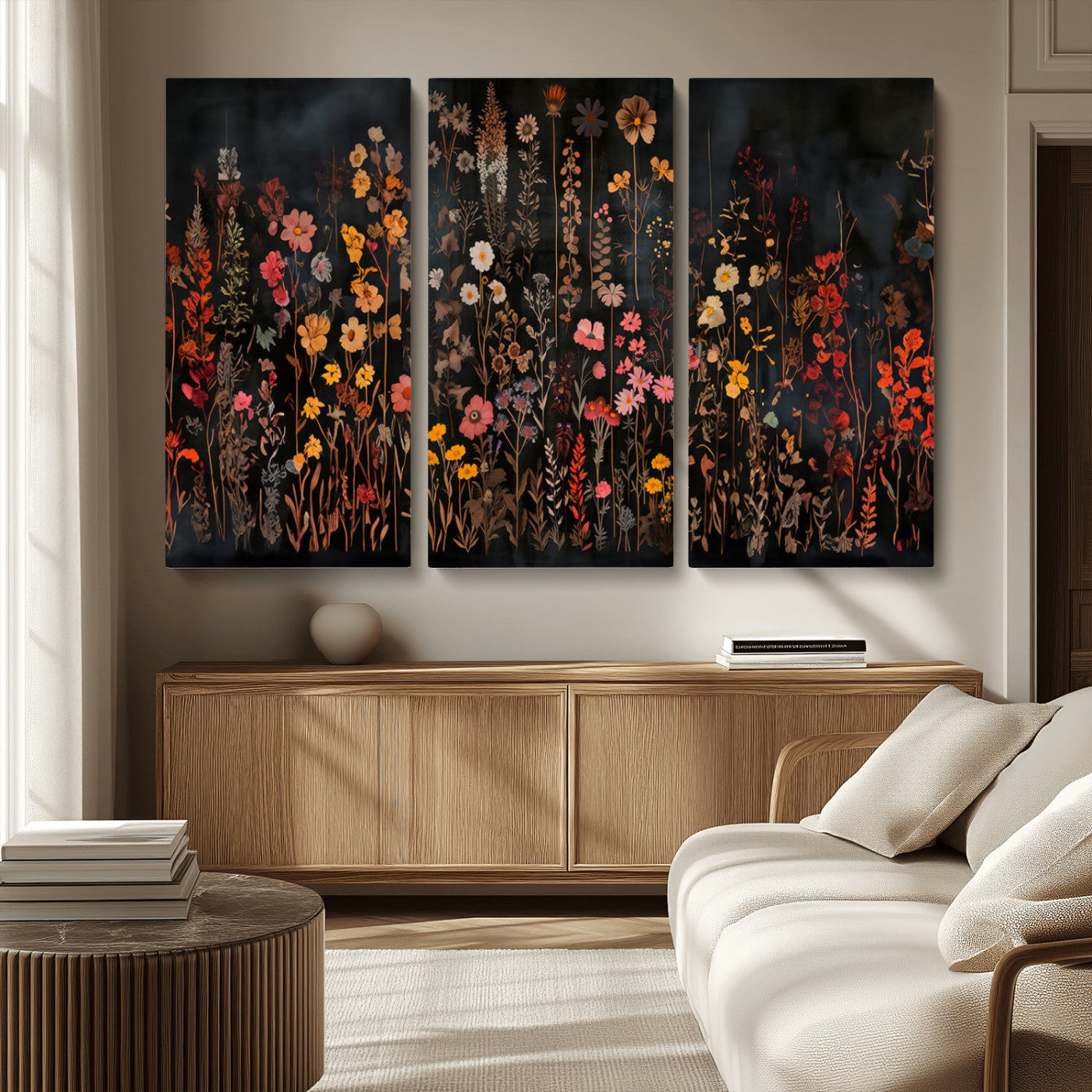 MGV-CV-48X32-3P - Dark Floral Canvas Wall Art - Moody Botanical Flower Print - Rustic Floral Wall Decor for Home -