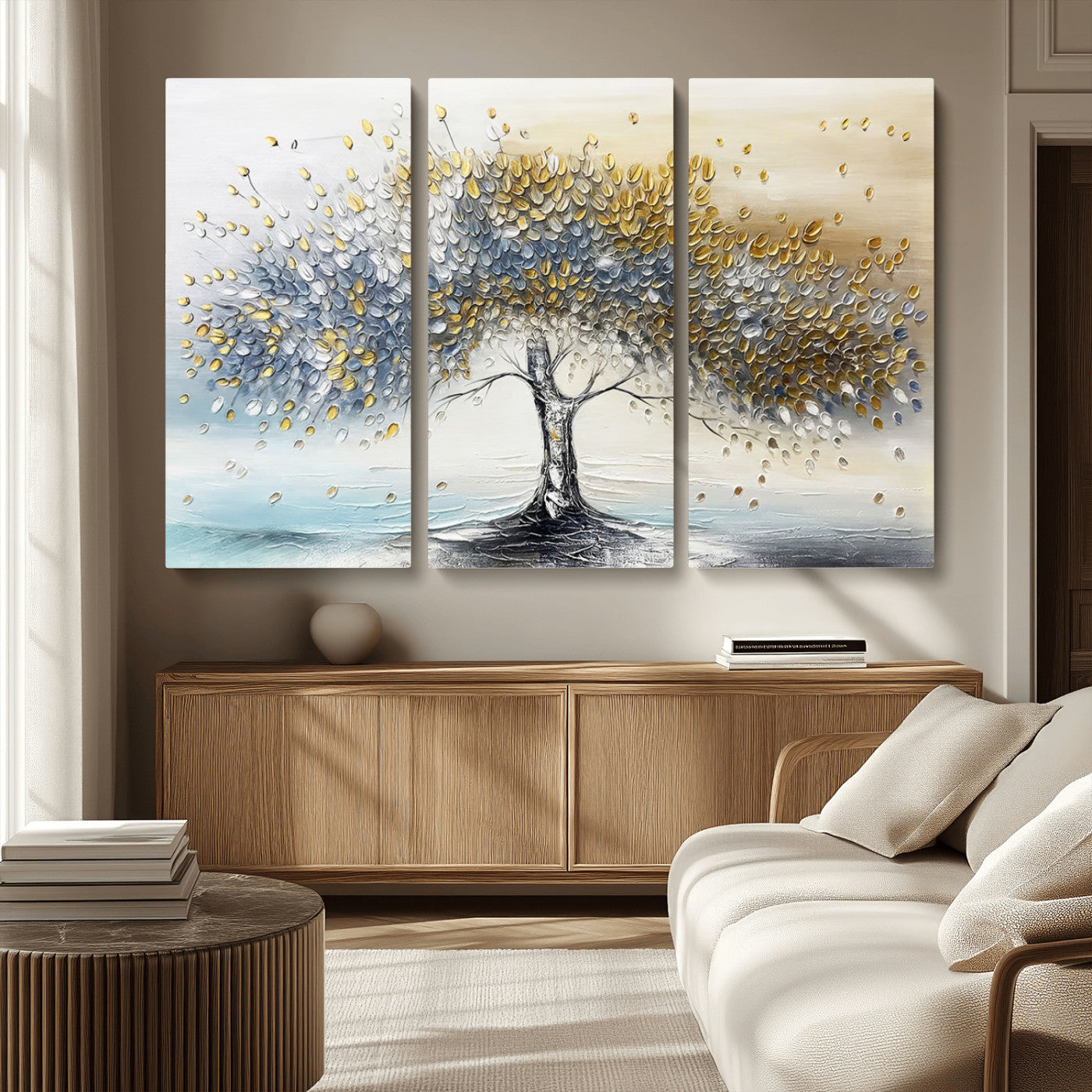 An elegant impasto painting featuring a tree with shimmering silver and gold leaves, blending soft pastels to create a calm and sophisticated atmosphere.
