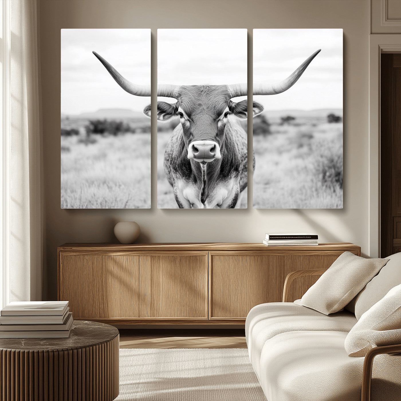 MGV-CV-48X32-3P - Highland Cow Wall Art Print - Black and White Texas Western Longhorn Canvas - Farmhouse Decor Print