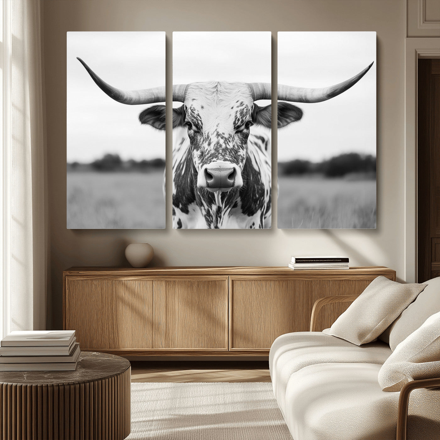 MGV-CV-48X32-3P - Highland Cow Wall Art - Black and White Western Longhorn Canvas Print - Farmhouse Living Room Decor