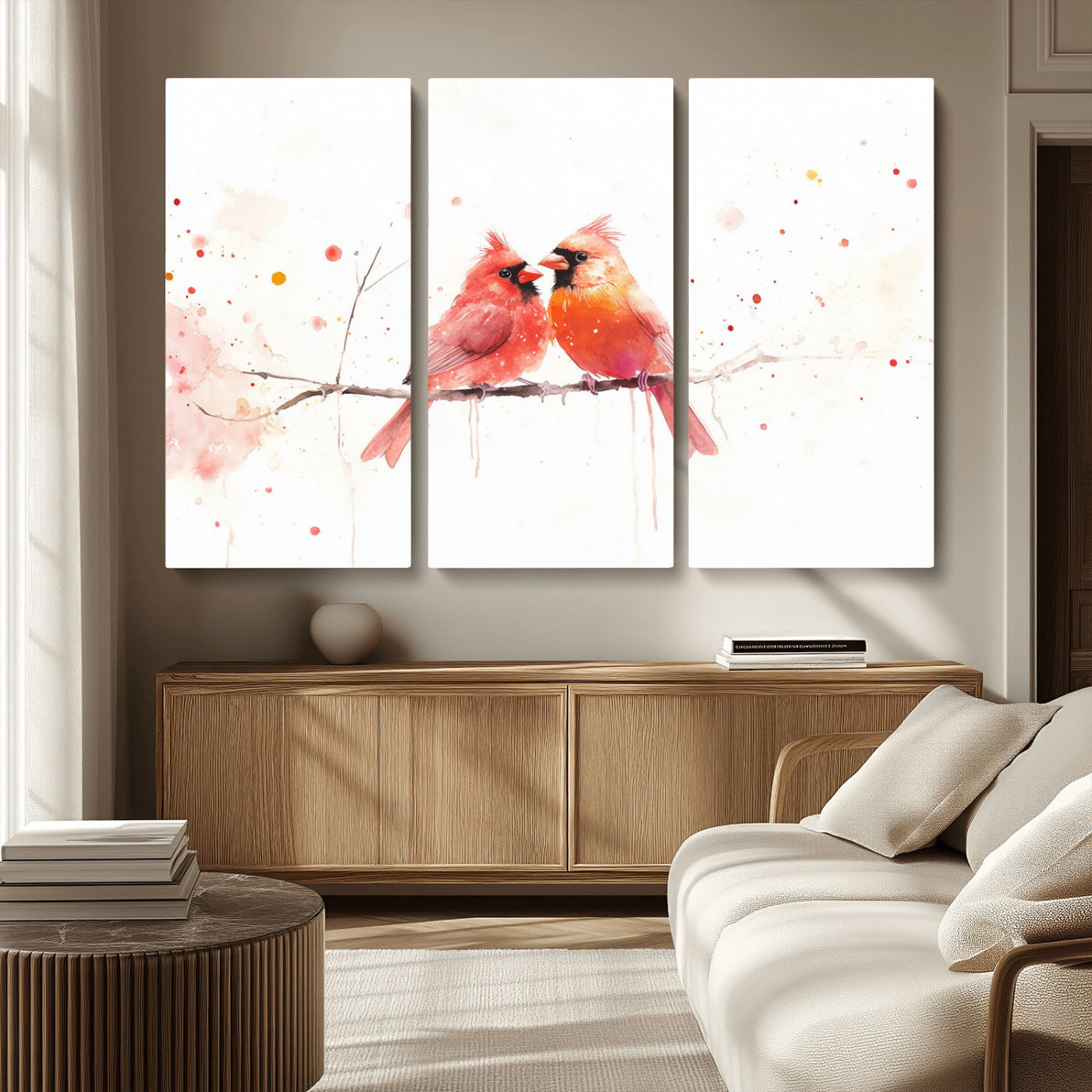 MGV-CV-48X32-3P - Cardinal Bird Canvas Wall Art - Male and Female Cardinal Print - Nature-Inspired Bird Wall Decor for