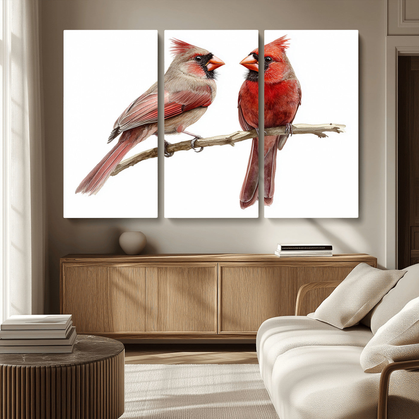 MGV-CV-48X32-3P - Cardinal Bird Canvas Wall Art - Male and Female Cardinal Print - Abstract Bird Wall Decor for Home -