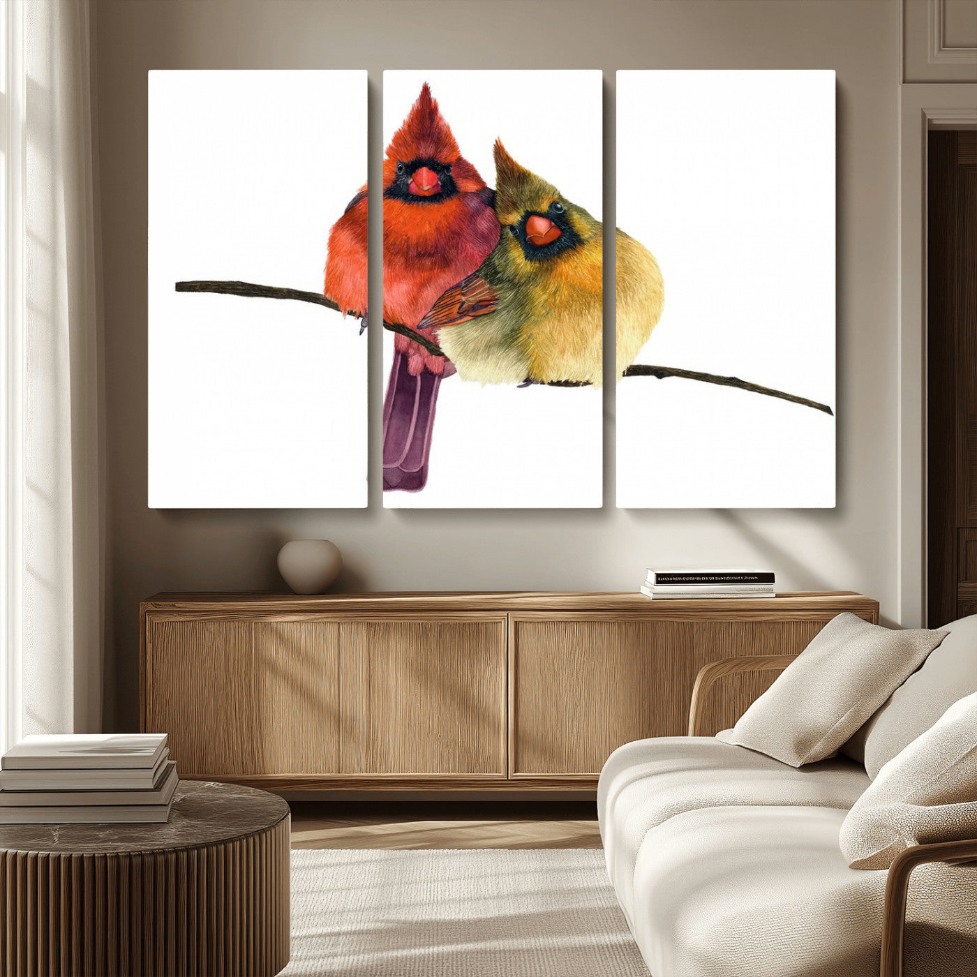 MGV-CV-48X32-3P - Cardinal Bird Canvas Wall Art - Male and Female Cardinal Print - Nature-Inspired Bird Wall Decor for