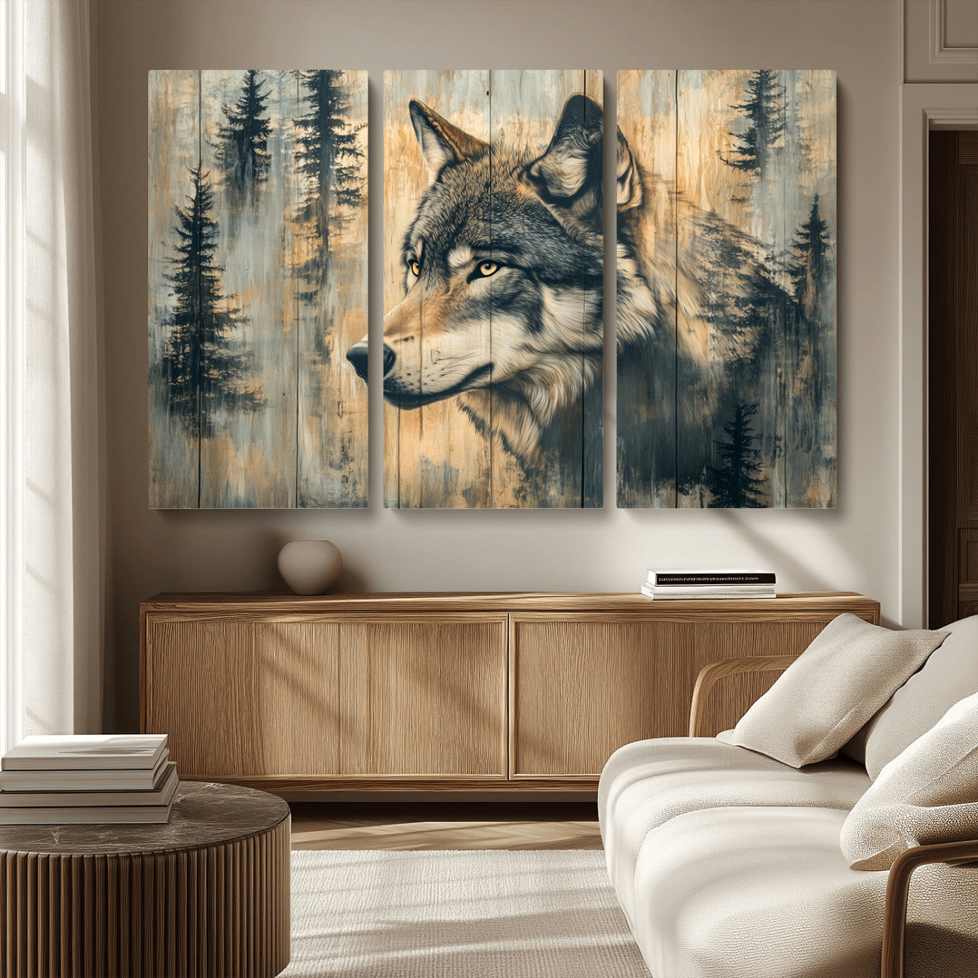 MGV-CV-48X32-3P - Wood Style Rustic Wolf Wall Art Canvas Print, Vintage Woodland Wolf Wall Art, Framed Wood Style Wolf
