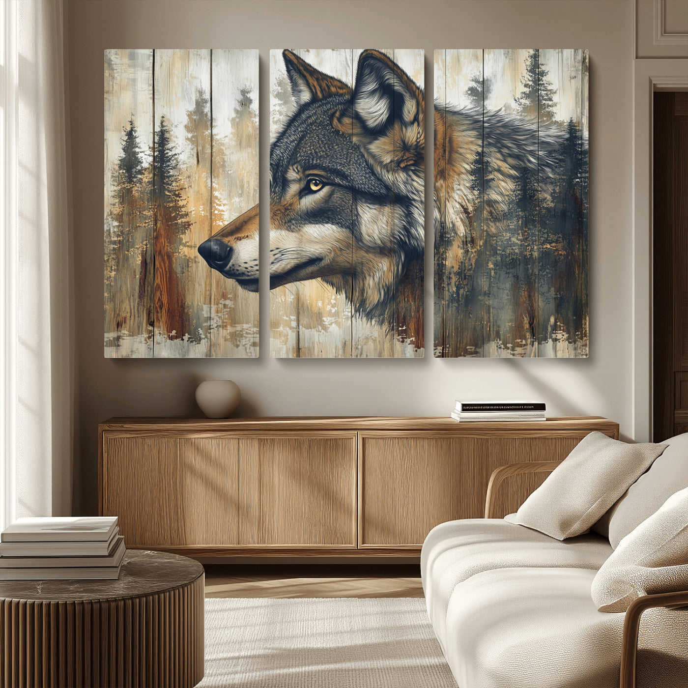 MGV-CV-48X32-3P - Rustic Wolf Wall Art Canvas Print, Vintage Woodland Wolf Wall Art