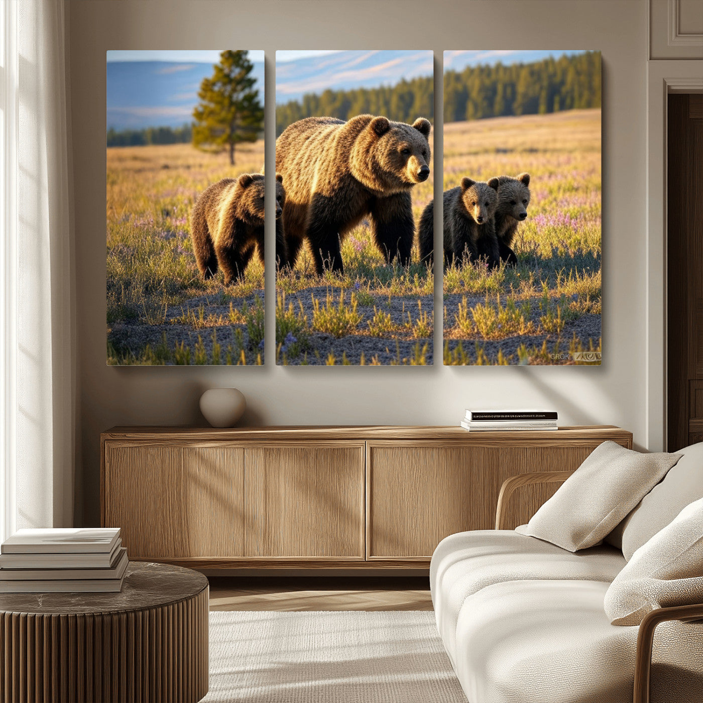 MGV-CV-48X32-3P - Grizzly 399 in Wild Flowers Wall Art Canvas Print, Grizzly Bears Wall Art, Queen of Grand Teton