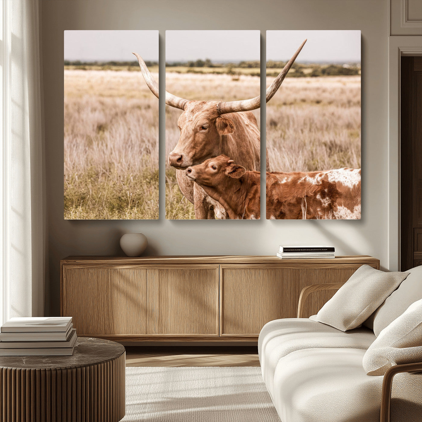 MGV-CV-48X32-3P - Texas Longhorn Cow Wall Art Canvas Print for Farmhouse Wall Art, Texas Decor, Western Wall Art Print