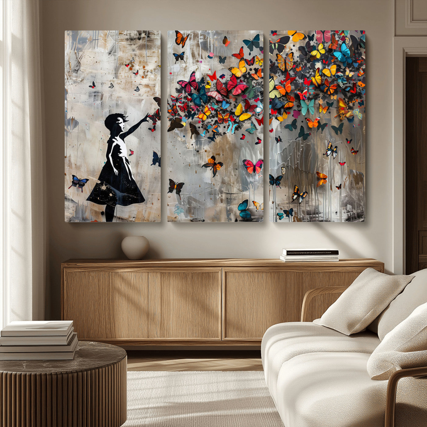 MGV-CV-48X32-3P - Banksy Butterfly Girl Wall Art | 3-Piece Butterfly Girl Canvas
