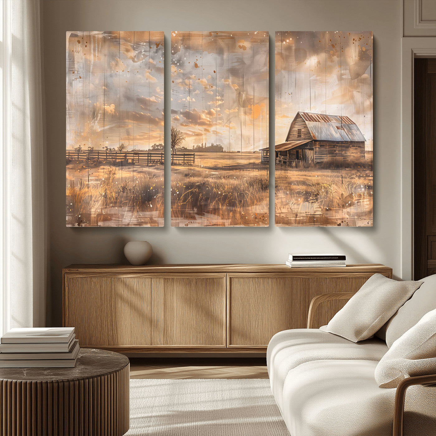 MGV-CV-48X32-3P - Rustic Farmhouse Wall Art Canvas Print | Barn and Field Canvas Print | Vintage Country Landscape
