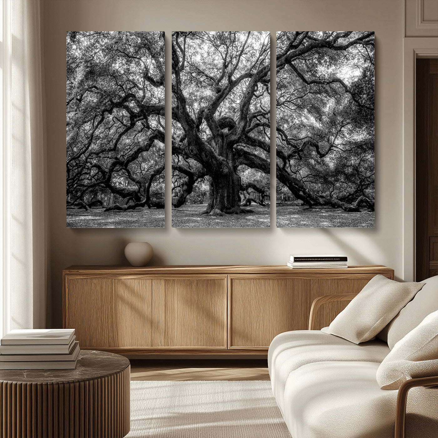 MGV-CV-48X32-3P - Black and White Old Angel Oak Tree Wall Art Canvas Print
