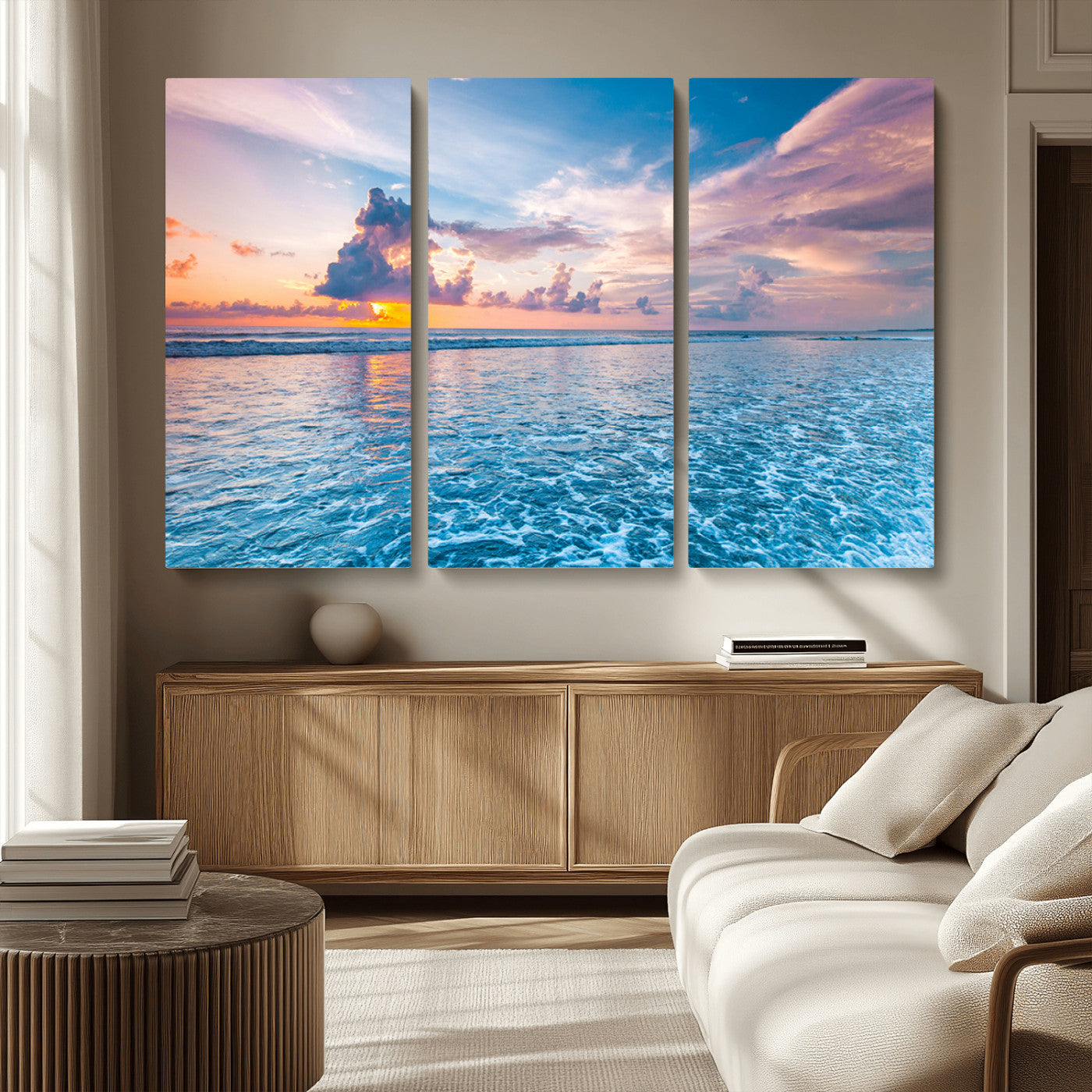 MGV-CV-48X32-3P - Ocean Sunset Canvas Wall Art Print - Tranquil Seascape with Vibrant Sky and Rolling Waves Canvas