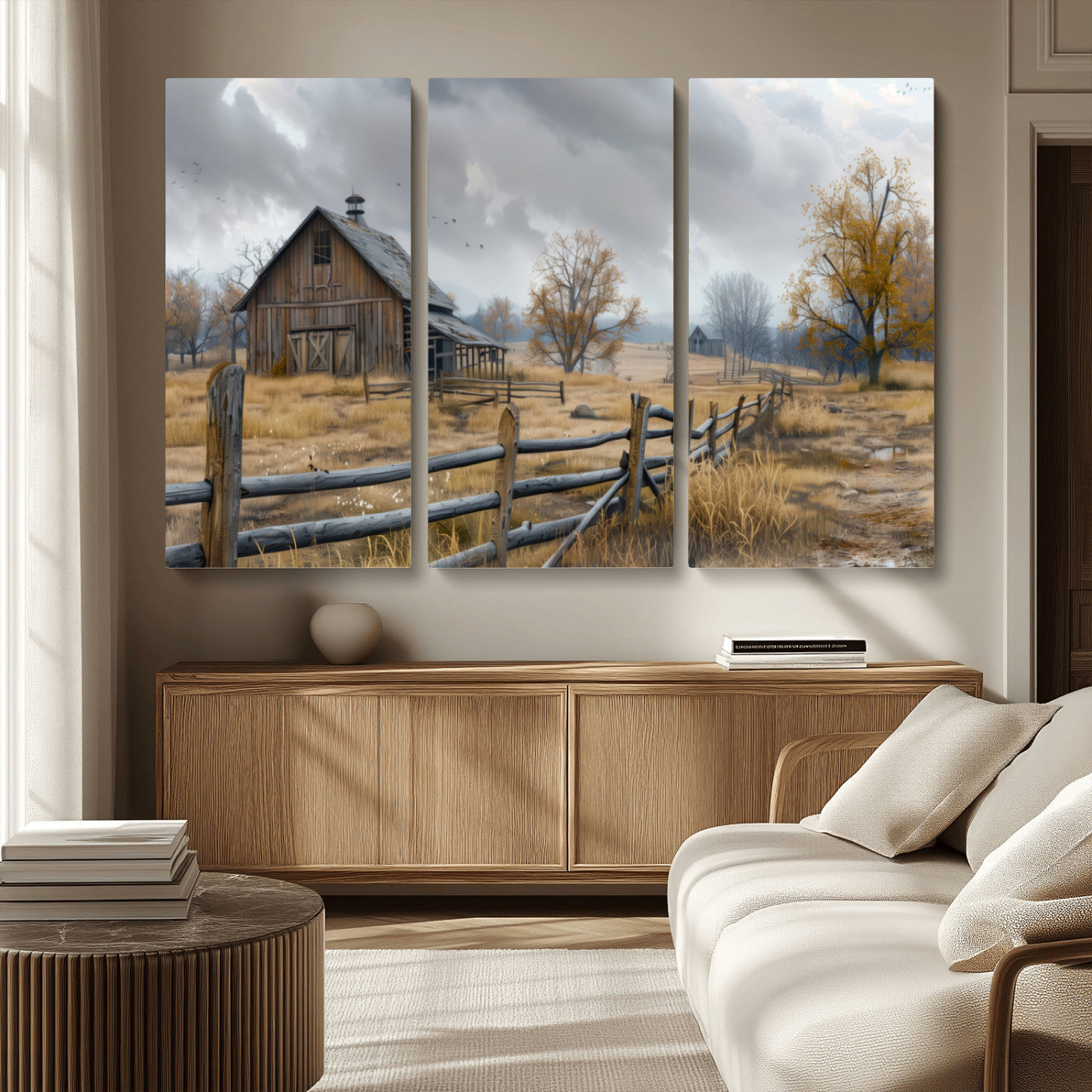 MGV-CV-48X32-3P - Rustic Autumn Farmhouse Wall Art Canvas Print – Serene Countryside Scene with Weathered Barn and