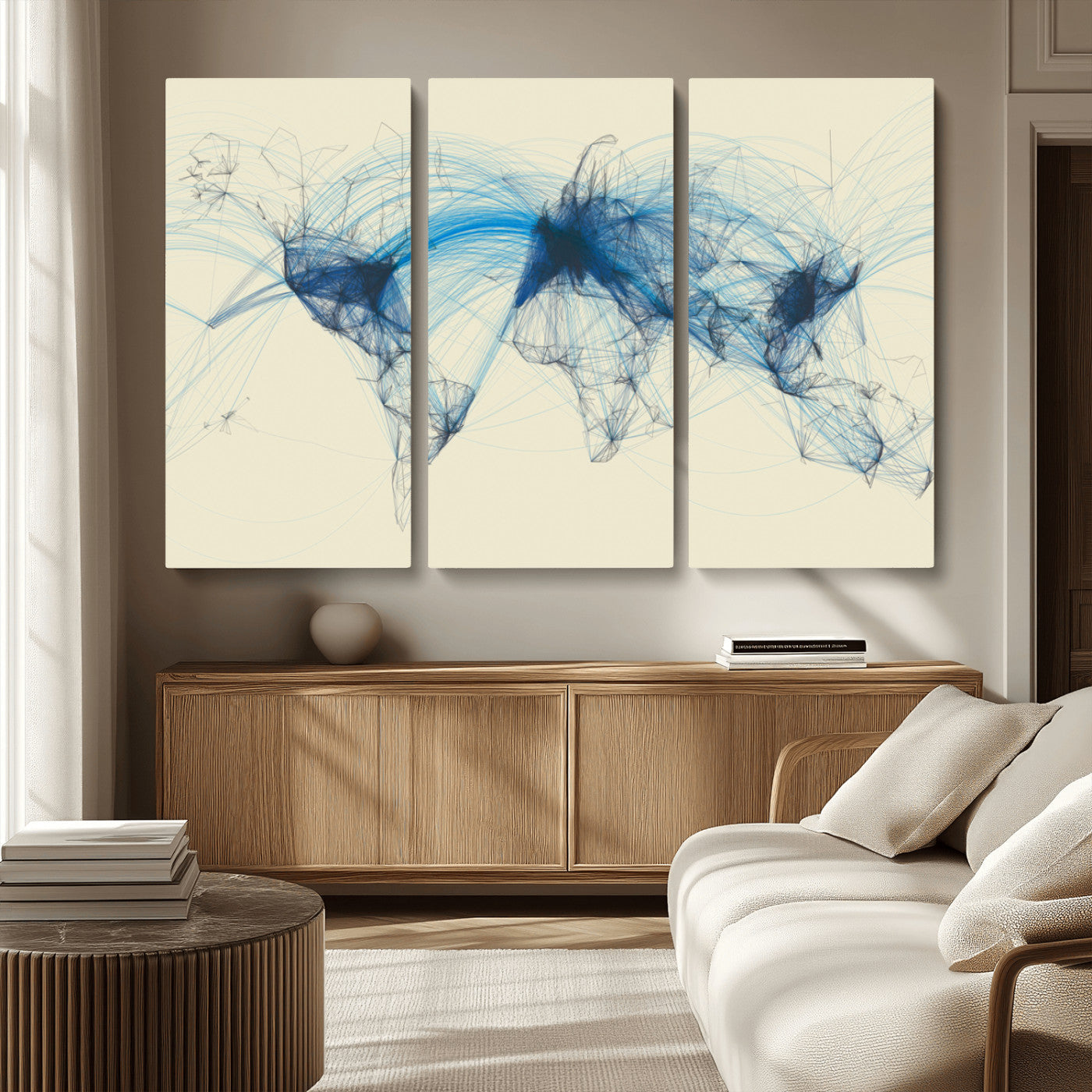MGV-CV-48X32-3P - Flight Routes Map art Air Traffic Avi World Map with Blue Connections Canvas Wall Art – Modern