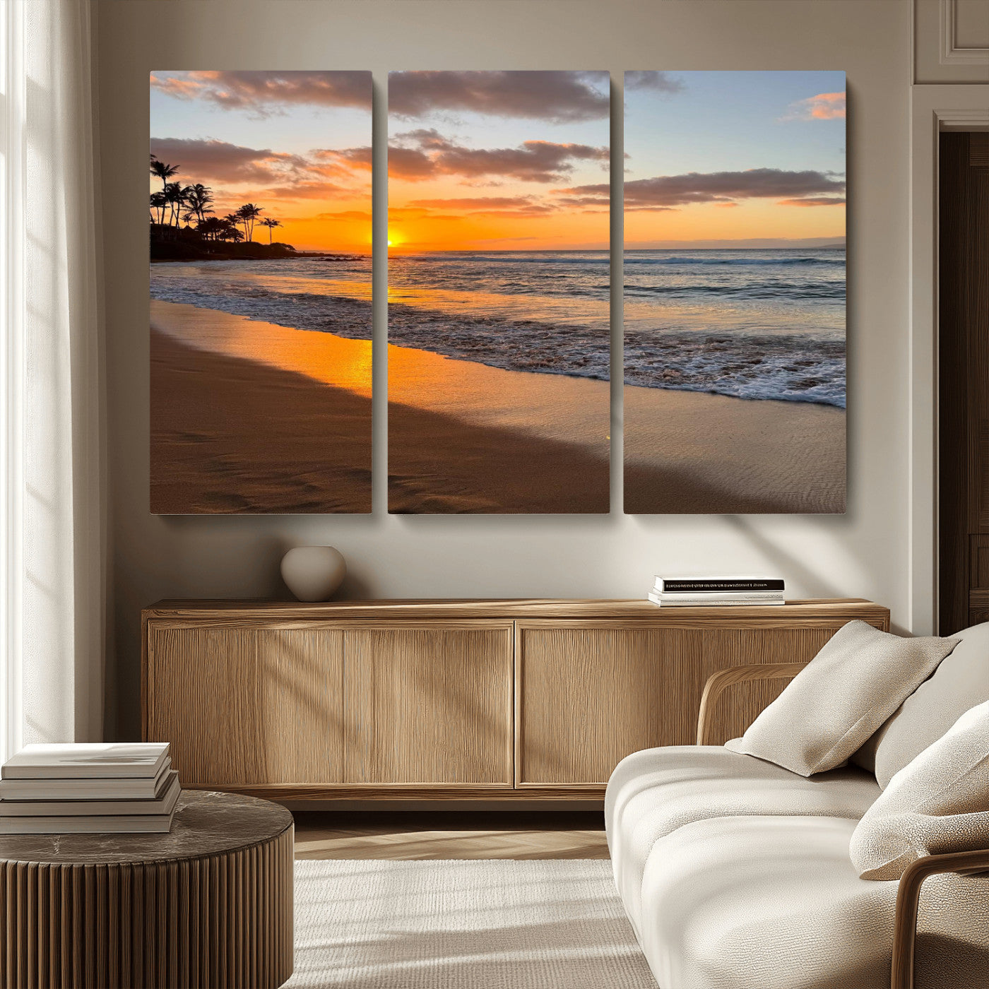 MGV-CV-48X32-3P - Sunset Wall Art Print - Stunning Beach Sunset Canvas Artwork for Elegant Home or Office Coastal