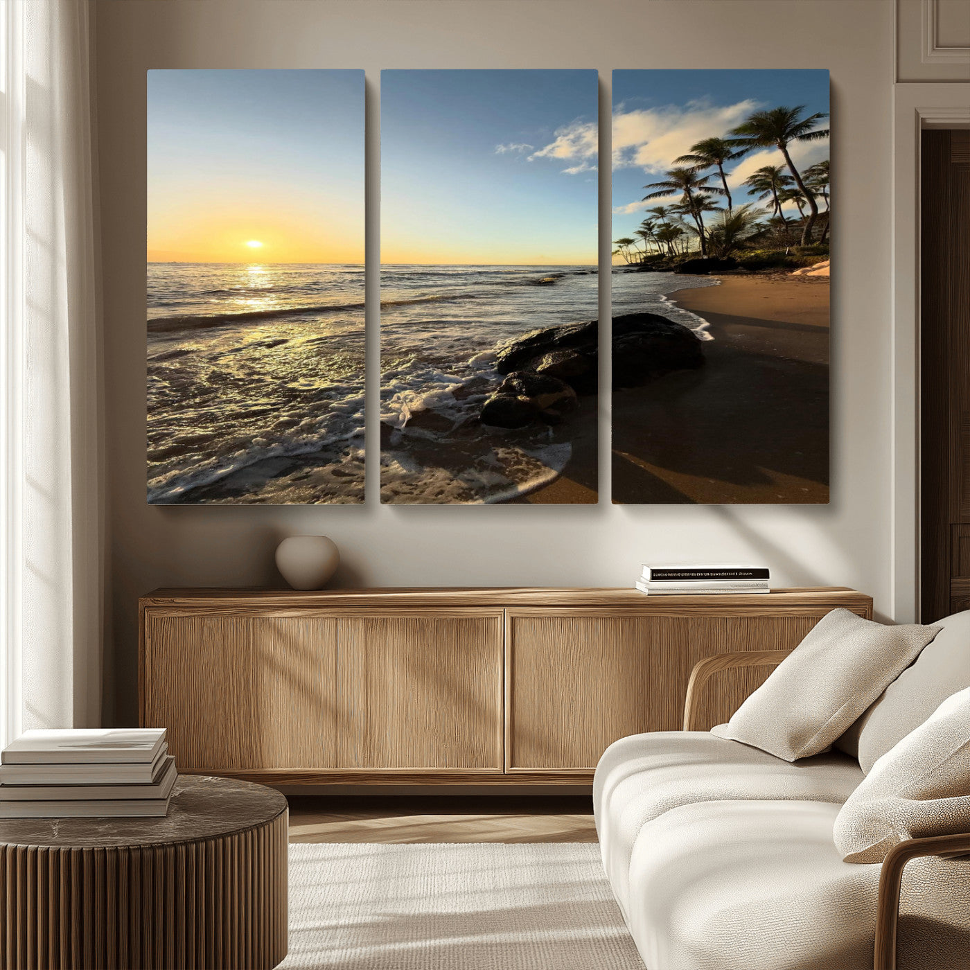 MGV-CV-48X32-3P - Tropical Beach Wall Art - Stunning Ocean Sunset Canvas Print with Palm Tree Design for Relaxing and
