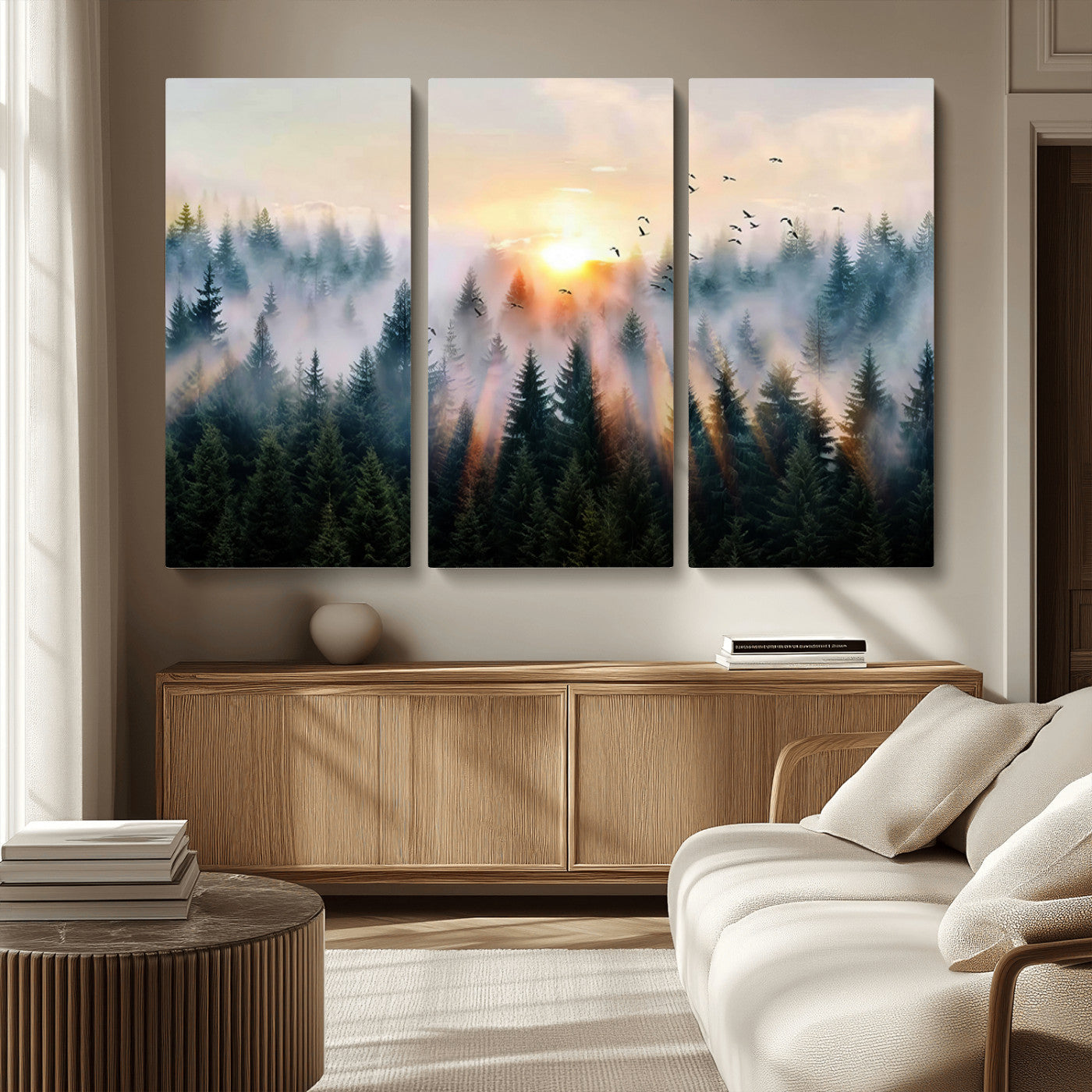 MGV-CV-48X32-3P - Abstract Forest Wall Art - Serene Nature Canvas Print with Misty Forest Design for Modern Home or