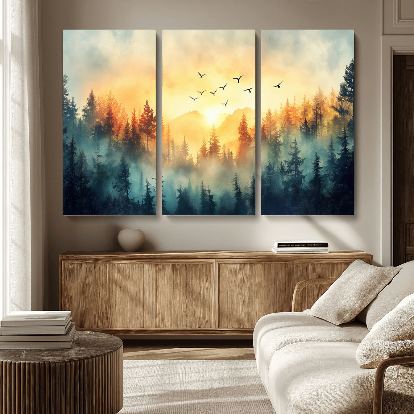MGV-CV-48X32-3P - Abstract Forest Wall Art Print- Serene Nature Canvas Print with Misty Forest Design for Modern Home