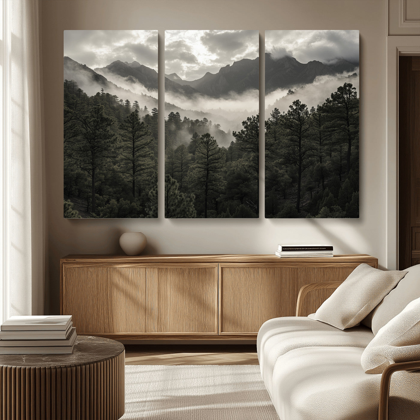 MGV-CV-48X32-3P - Misty Mountain Forest Wall Art – Canvas Print of Cloudy Peaks, Tranquil Pines, Enchanted Landscape, Majestic Nature Decor for Home or Office