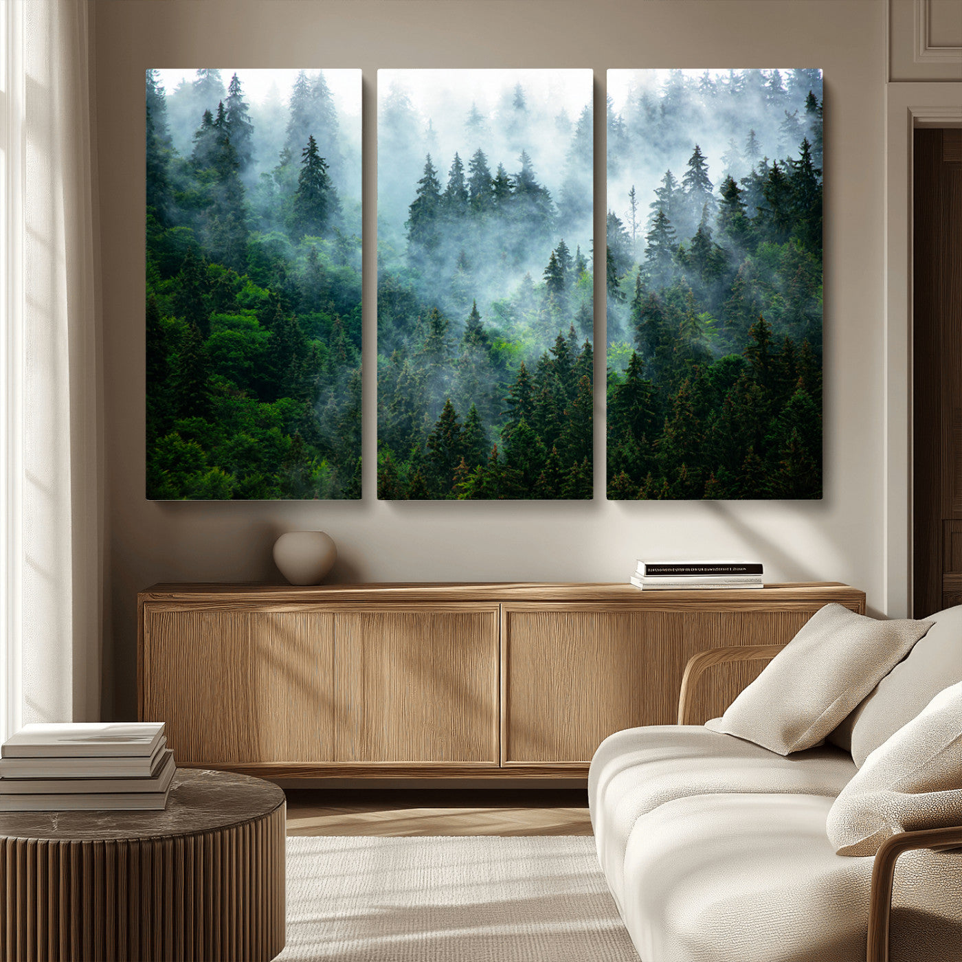 MGV-CV-48X32-3P - Misty Forest Art Wall Art Canvas Print, Framed Foggy Mountain Art Art Picture Print, Scenic Wall