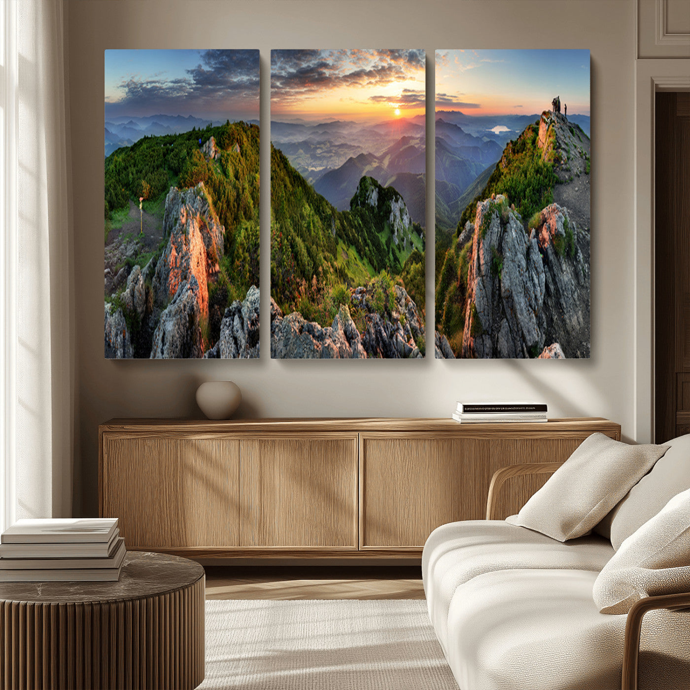 MGV-CV-48X32-3P - Mountain Sunset Panoramic Canvas Print – Scenic Wilderness Landscape, Majestic Summit , Multi-Panel