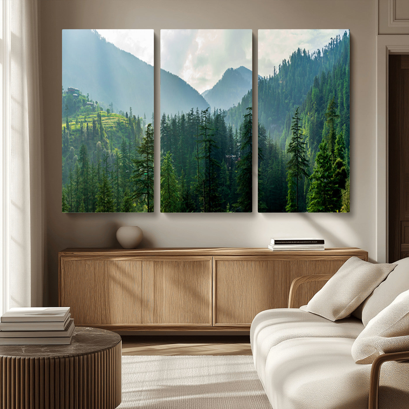 MGV-CV-48X32-3P - Misty Forest Mountain Canvas Print – Serene Nature Wall Art, Tranquil Valley