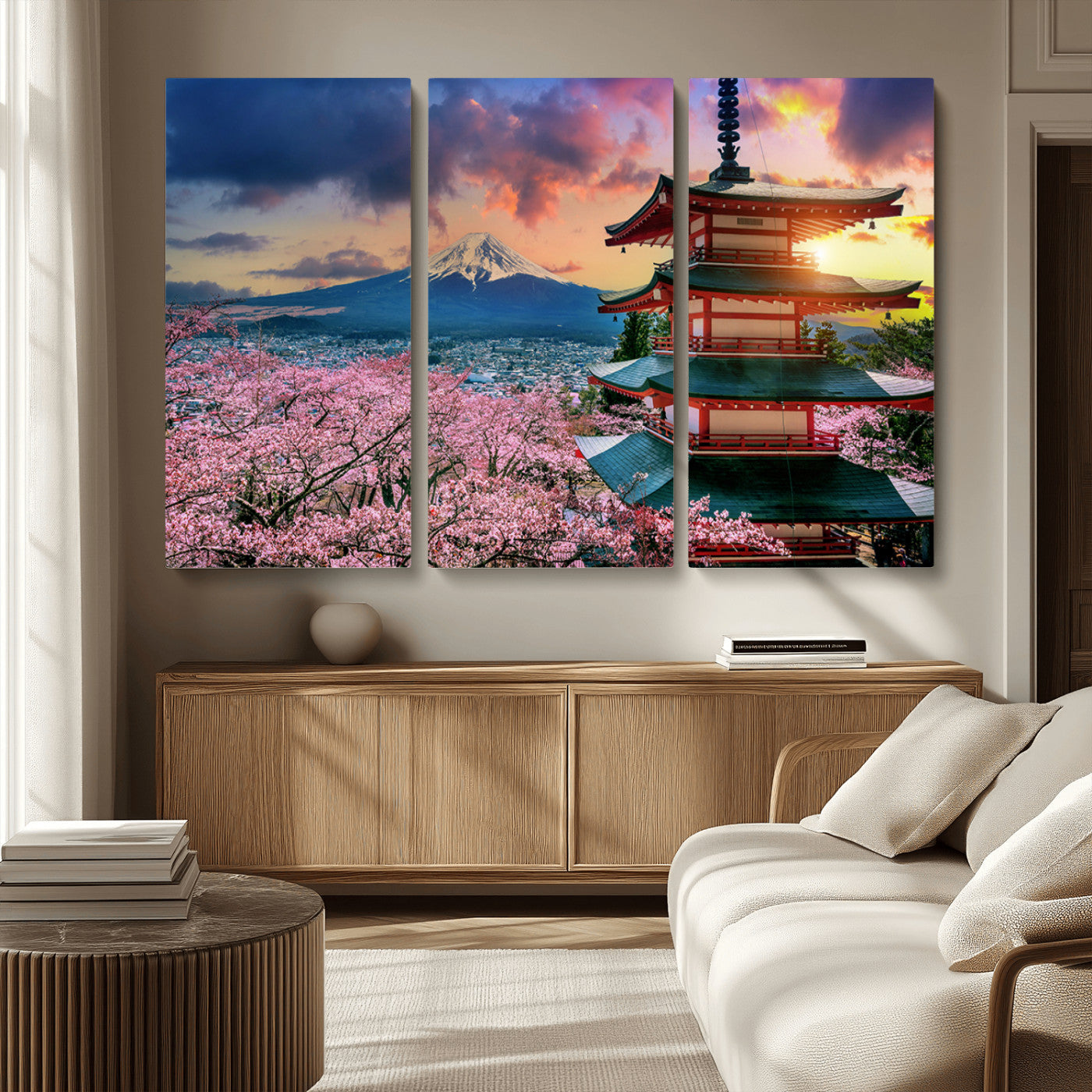 MGV-CV-48X32-3P - Mount Fuji & Cherry Blossom Wall Art Canvas Print – Iconic Japanese Landscape, Sakura Pagoda Sunset,