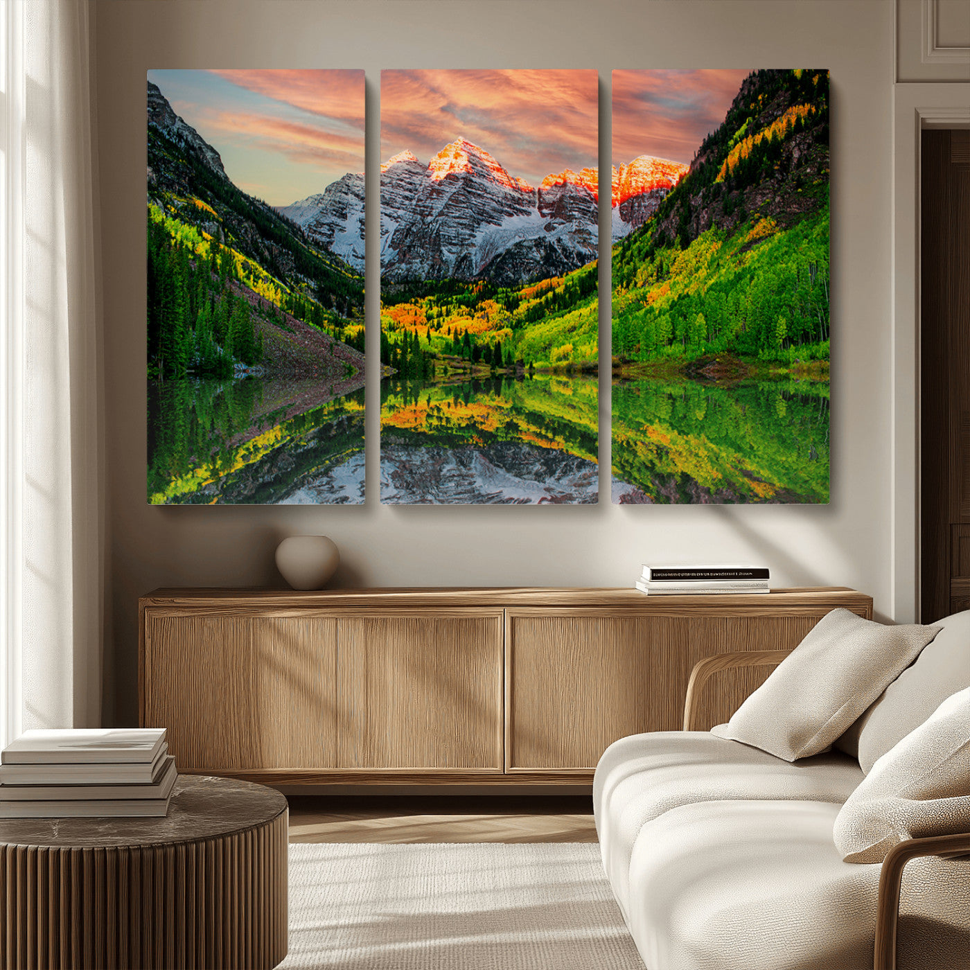 MGV-CV-48X32-3P - Maroon Bells Lake Wall Art Canvas Print – Majestic Colorado Mountain Landscape, Autumn Reflection,