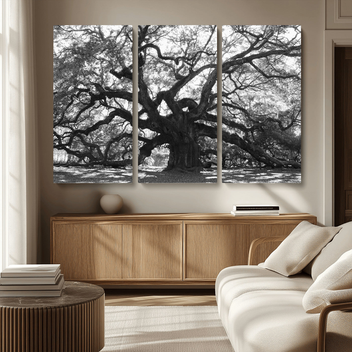 MGV-CV-48X32-3P - Ancient Oak Wall Art Canvas Print, Framed Twisted Branches Art Picture Print, Gnarled Tree Perfect Moody Nature Decor Artwork